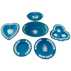 Retro English Wedgwood Blue Jasperware Decorative Small Plates, Set of 6