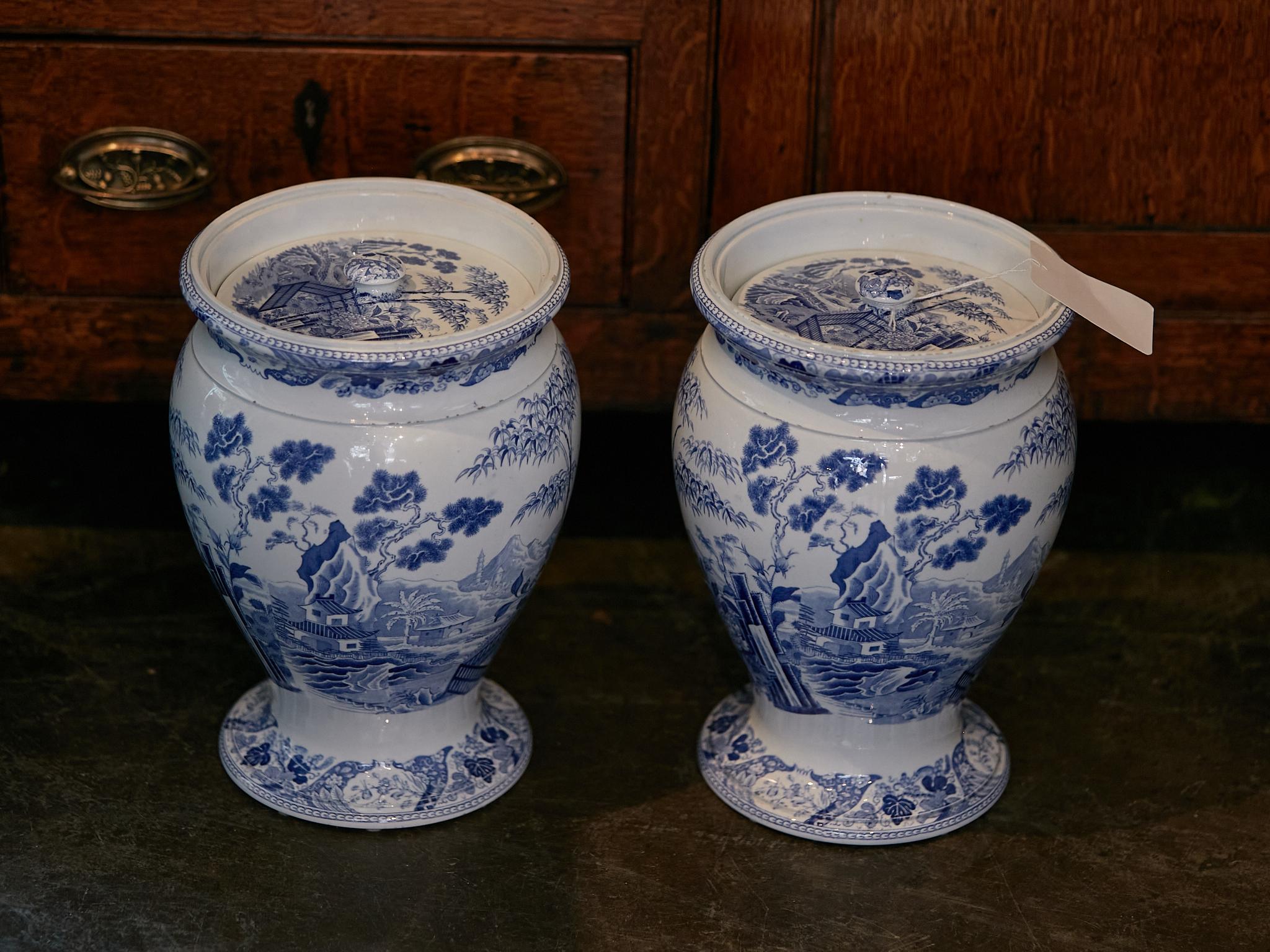 English Wedgwood Blue Palissade Lidded Urns with Chinoiserie Gardens, a Pair 6