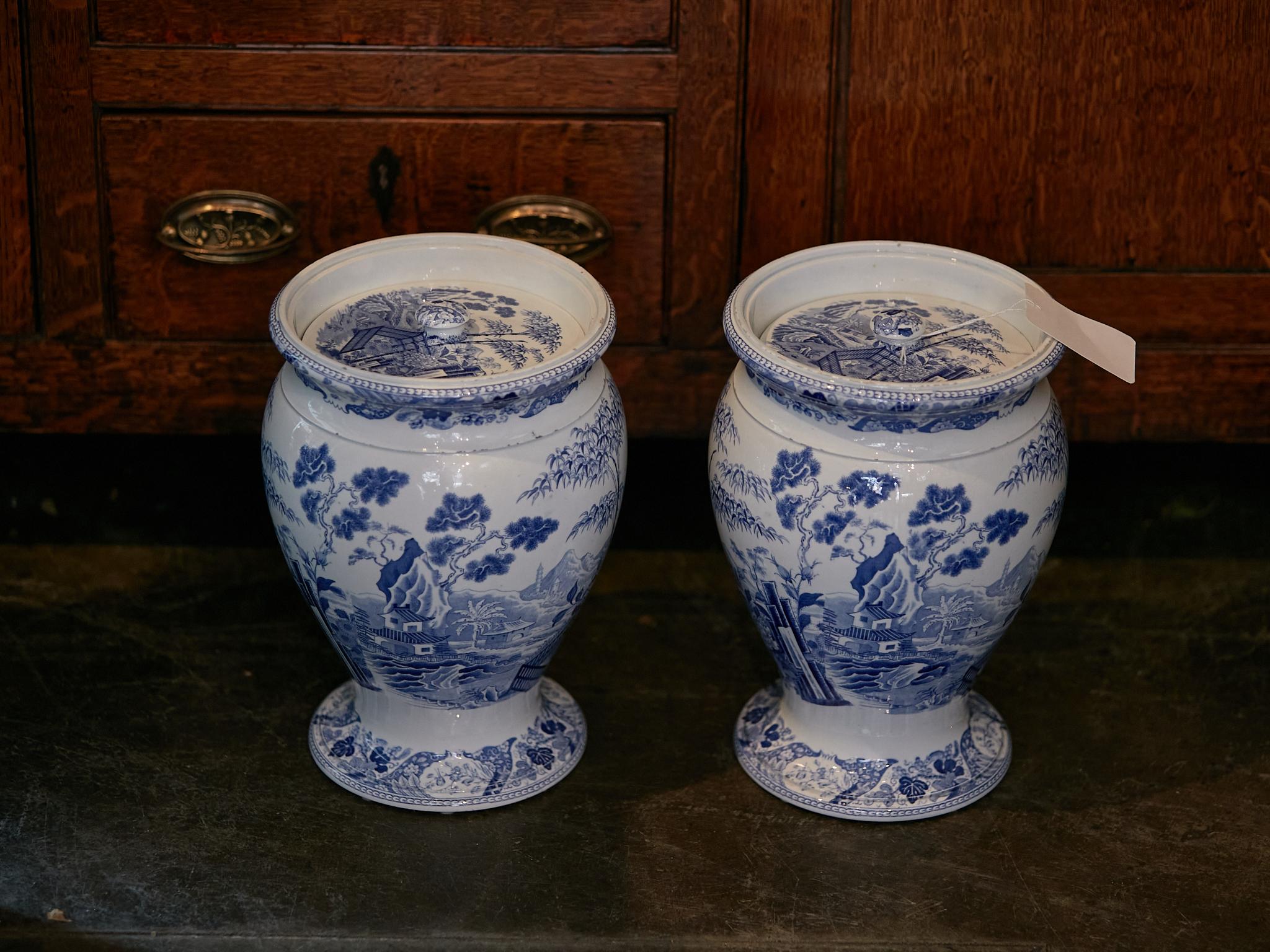 English Wedgwood Blue Palissade Lidded Urns with Chinoiserie Gardens, a Pair 7