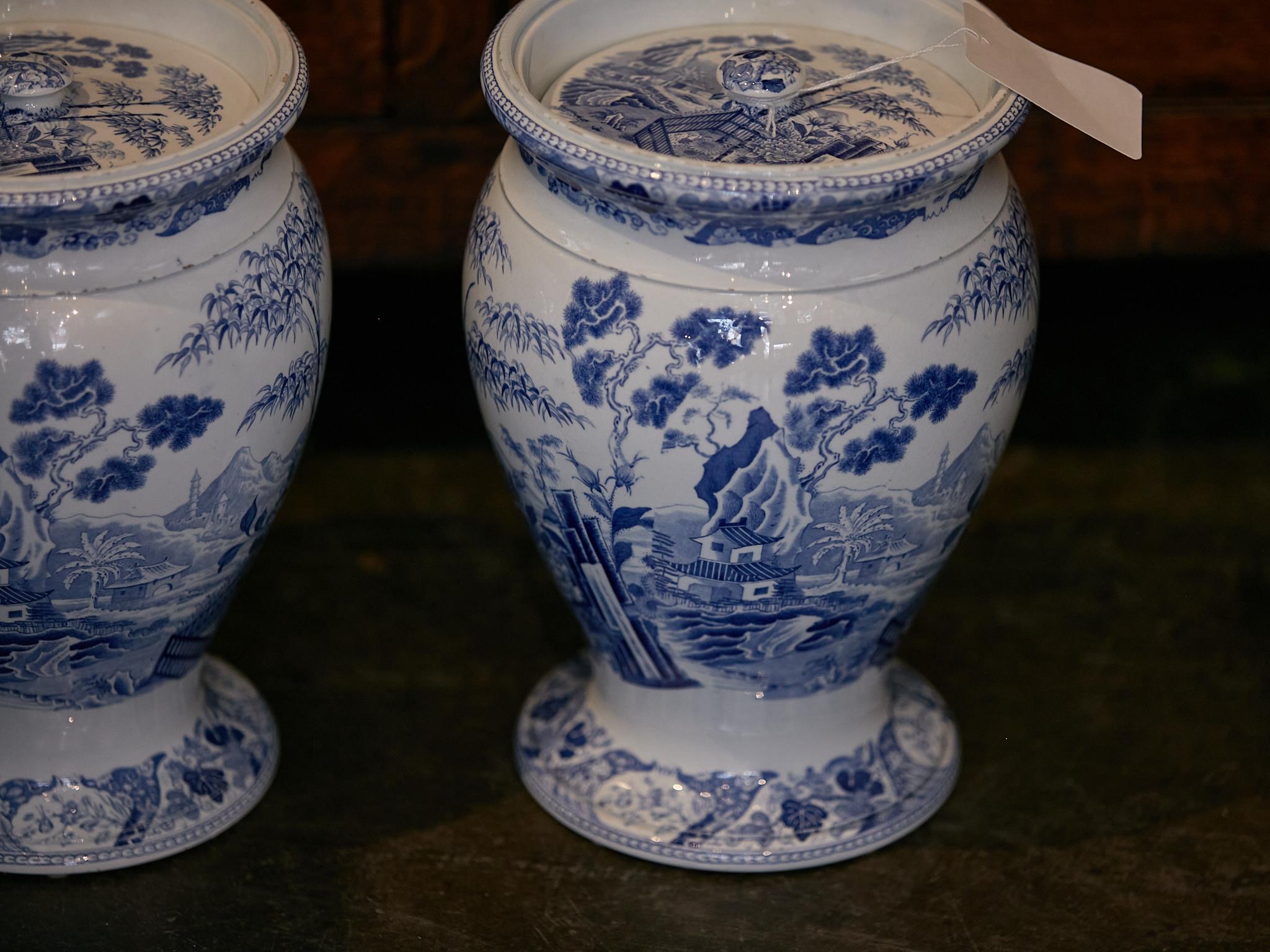 English Wedgwood Blue Palissade Lidded Urns with Chinoiserie Gardens, a Pair 8