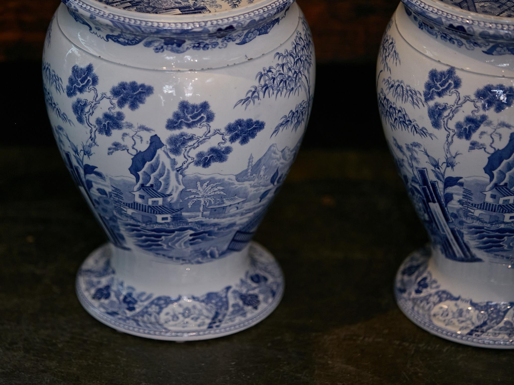 English Wedgwood Blue Palissade Lidded Urns with Chinoiserie Gardens, a Pair 9