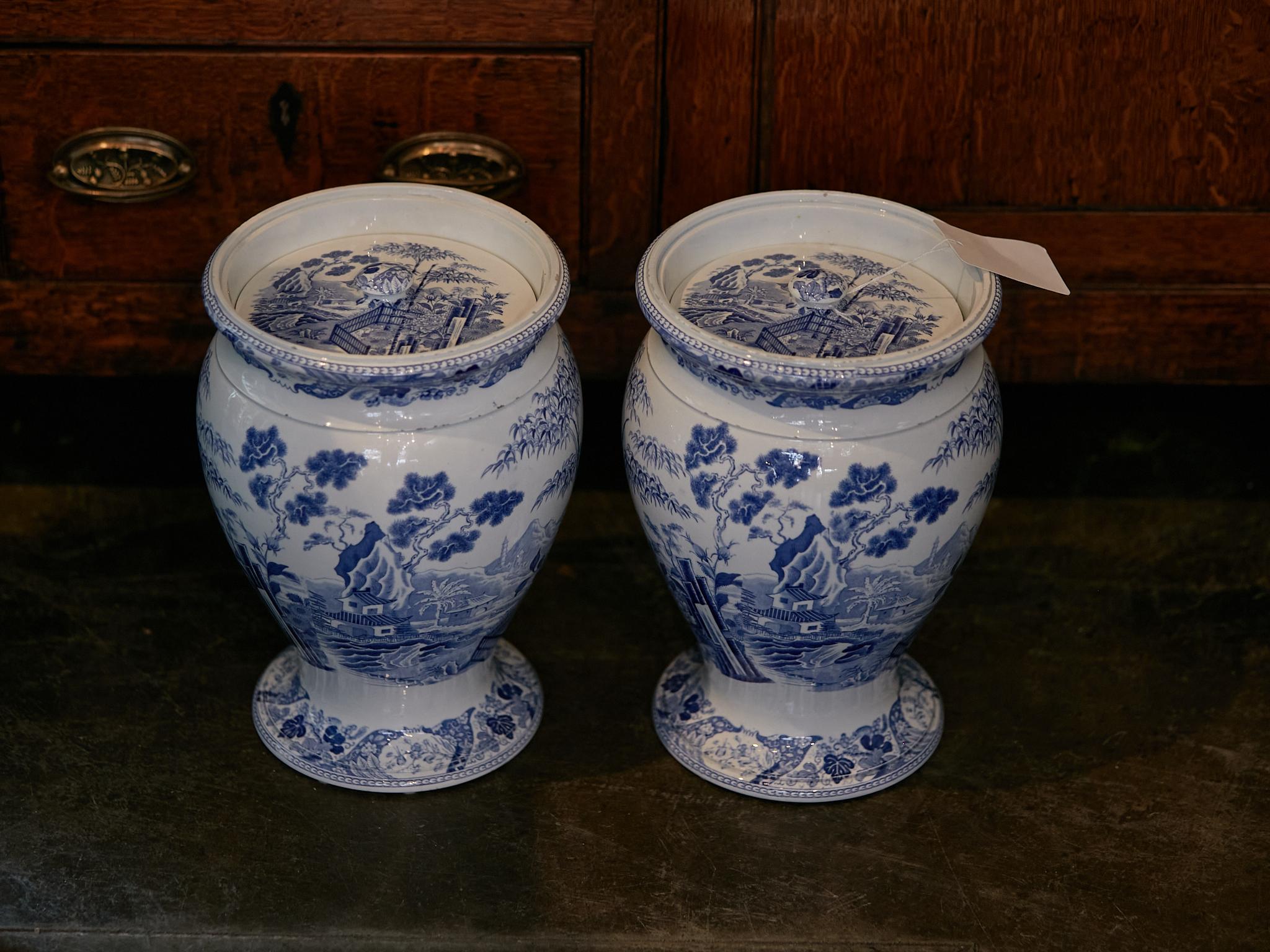 English Wedgwood Blue Palissade Lidded Urns with Chinoiserie Gardens, a Pair 2