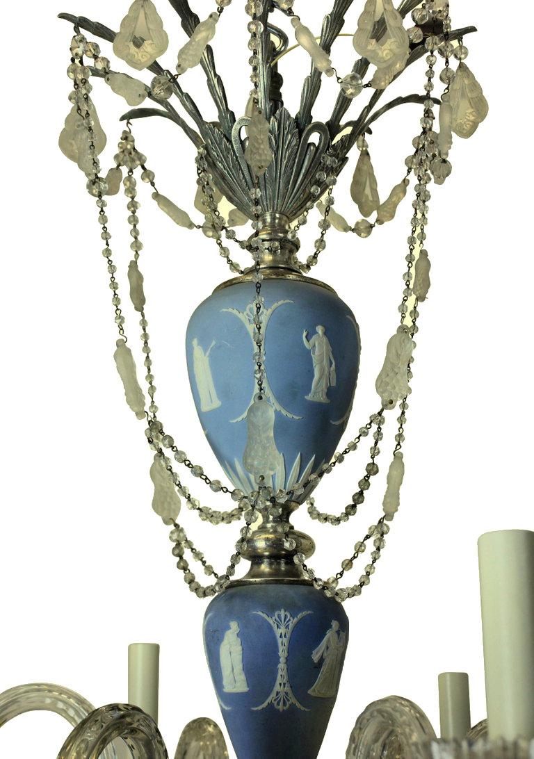 An English chandelier by Wedgwood with blue jasperware, silver plated metal and cut-glass throughout.