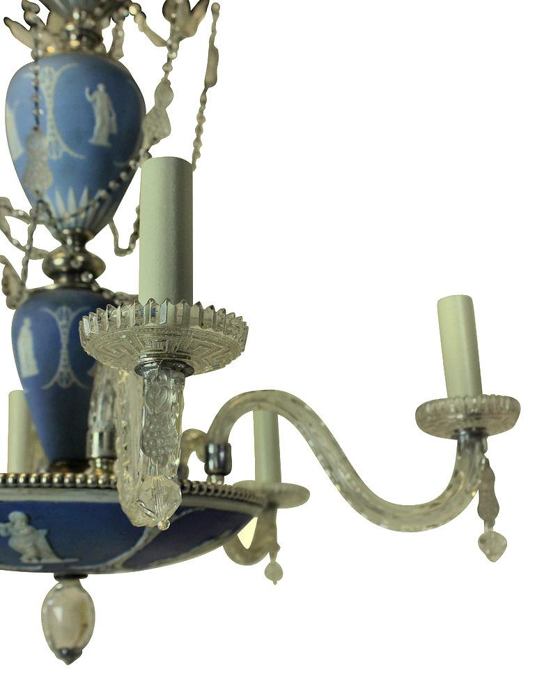 An English chandelier by Wedgwood with blue jasperware, silver plated metal and cut-glass throughout.