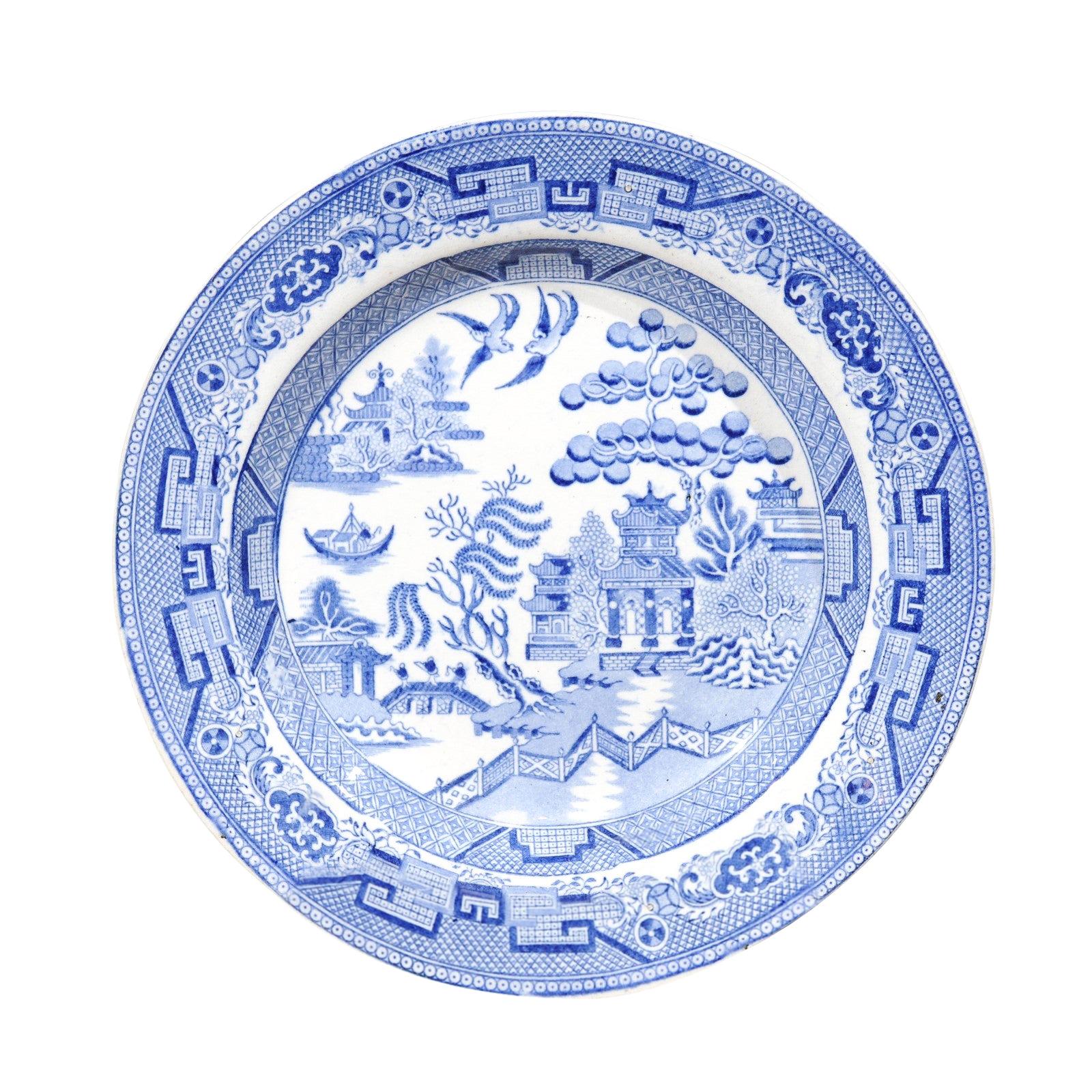 English Wedgwood & Co 19th Century Blue and White Stoneware Willow Pattern Plate