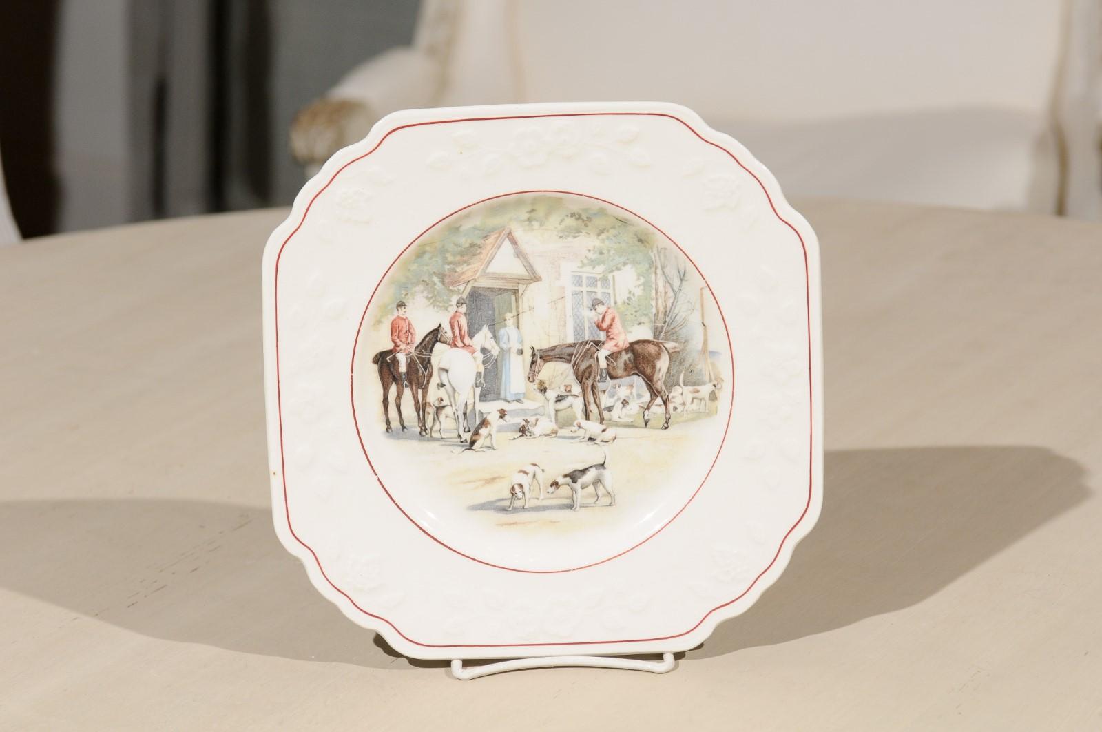An English Wedgwood & Co decorative plate from the early 20th century, with country scene and printed mark in the back. Born in Born in the Staffordshire County during the second decade of the 20th century, this charming plate features a charming