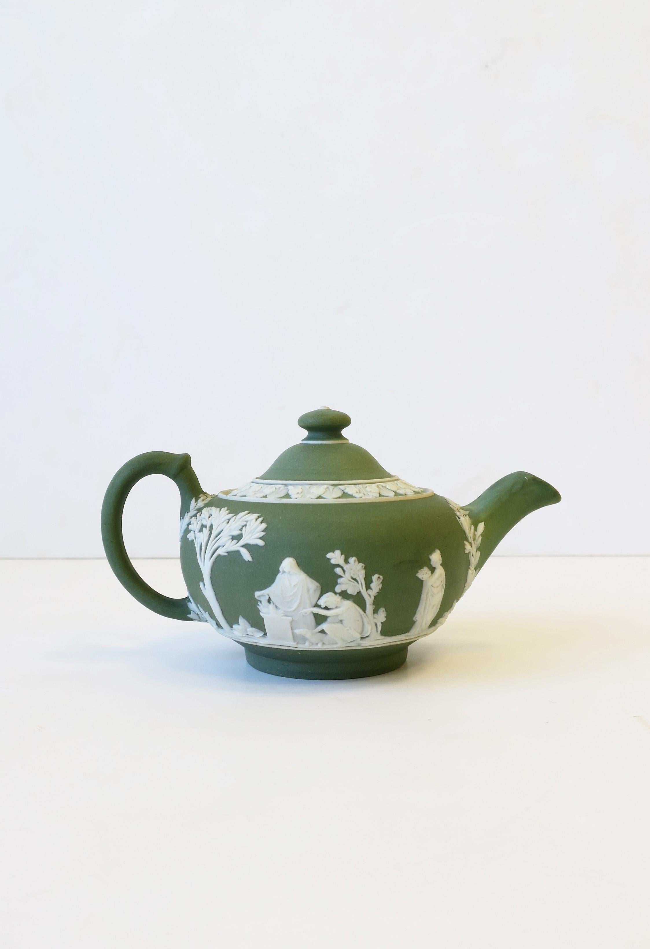 Unglazed English Wedgwood Jasperware Matte Green and White Stoneware Tea or Coffee Pot