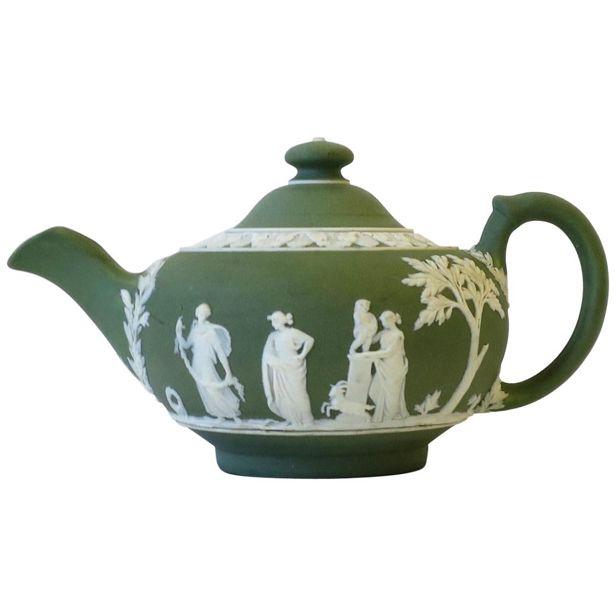English Wedgwood Jasperware Matte Green and White Stoneware Tea or Coffee Pot