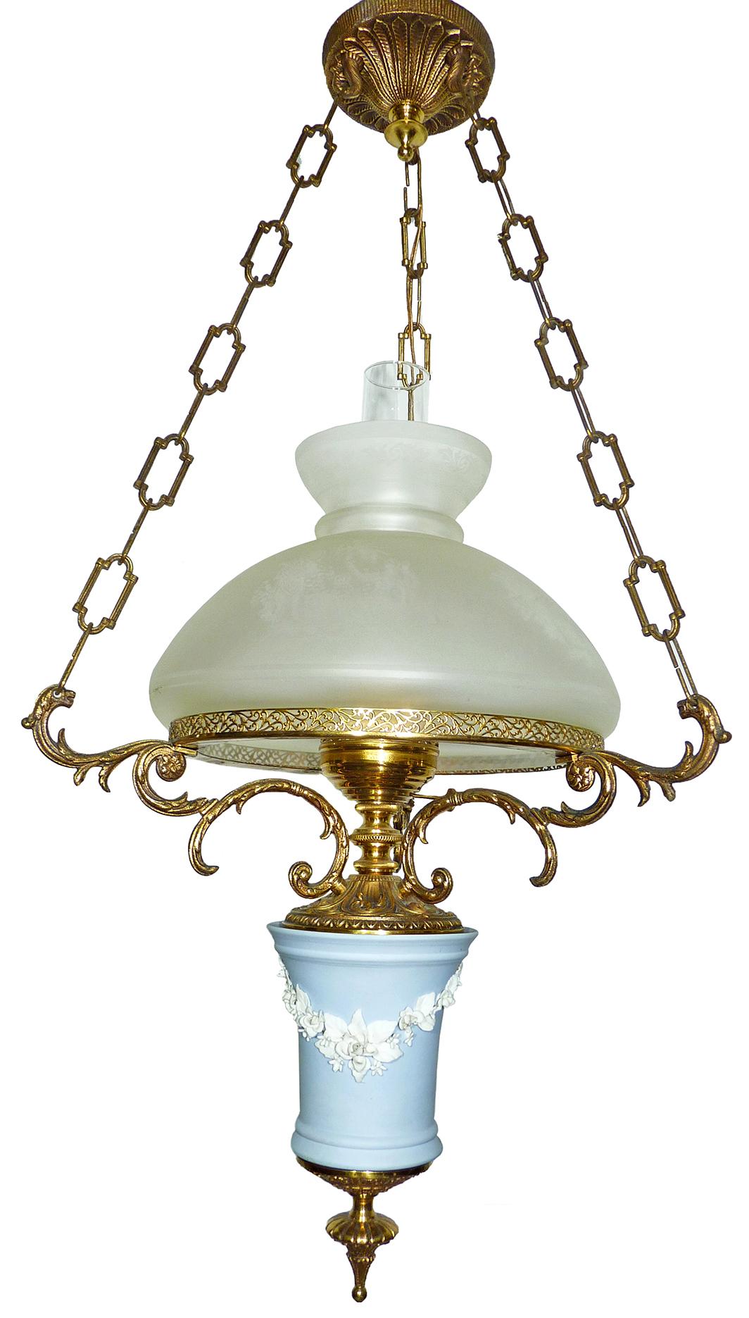 Adam Style English Wedgwood Porcelain Chandelier Gilt Bronze Victorian Library Hanging Lamp