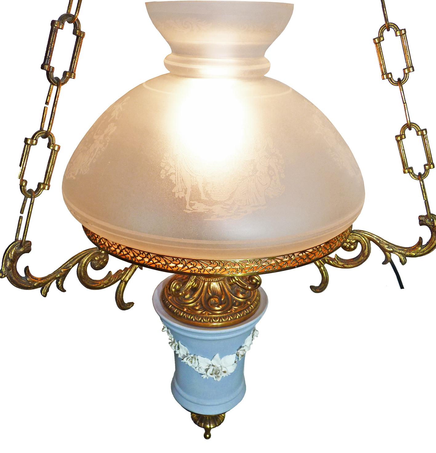 French English Wedgwood Porcelain Chandelier Gilt Bronze Victorian Library Hanging Lamp