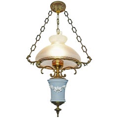Antique English Wedgwood Porcelain Chandelier Gilt Bronze Victorian Library Hanging Lamp