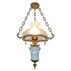 English Wedgwood Porcelain Chandelier Gilt Bronze Victorian Library Hanging Lamp