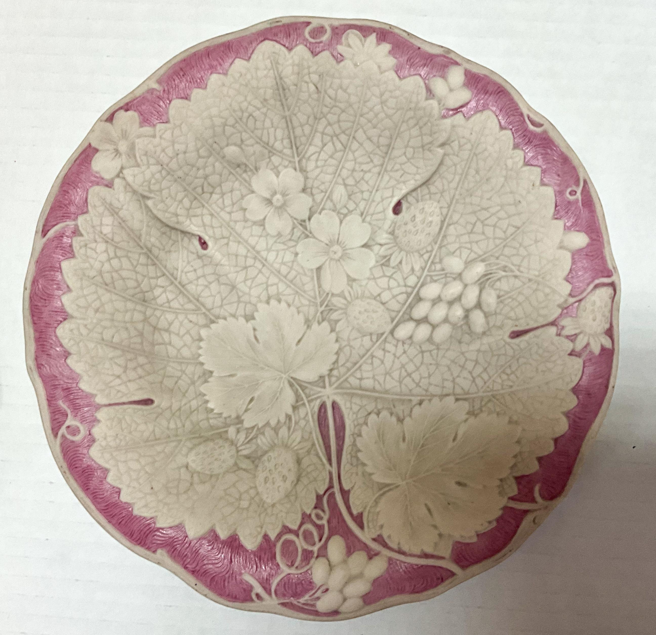 Aesthetic Movement English Wedgwood Style Basalt Glaze Pink & White Botanical / Begonia Plates -S/6