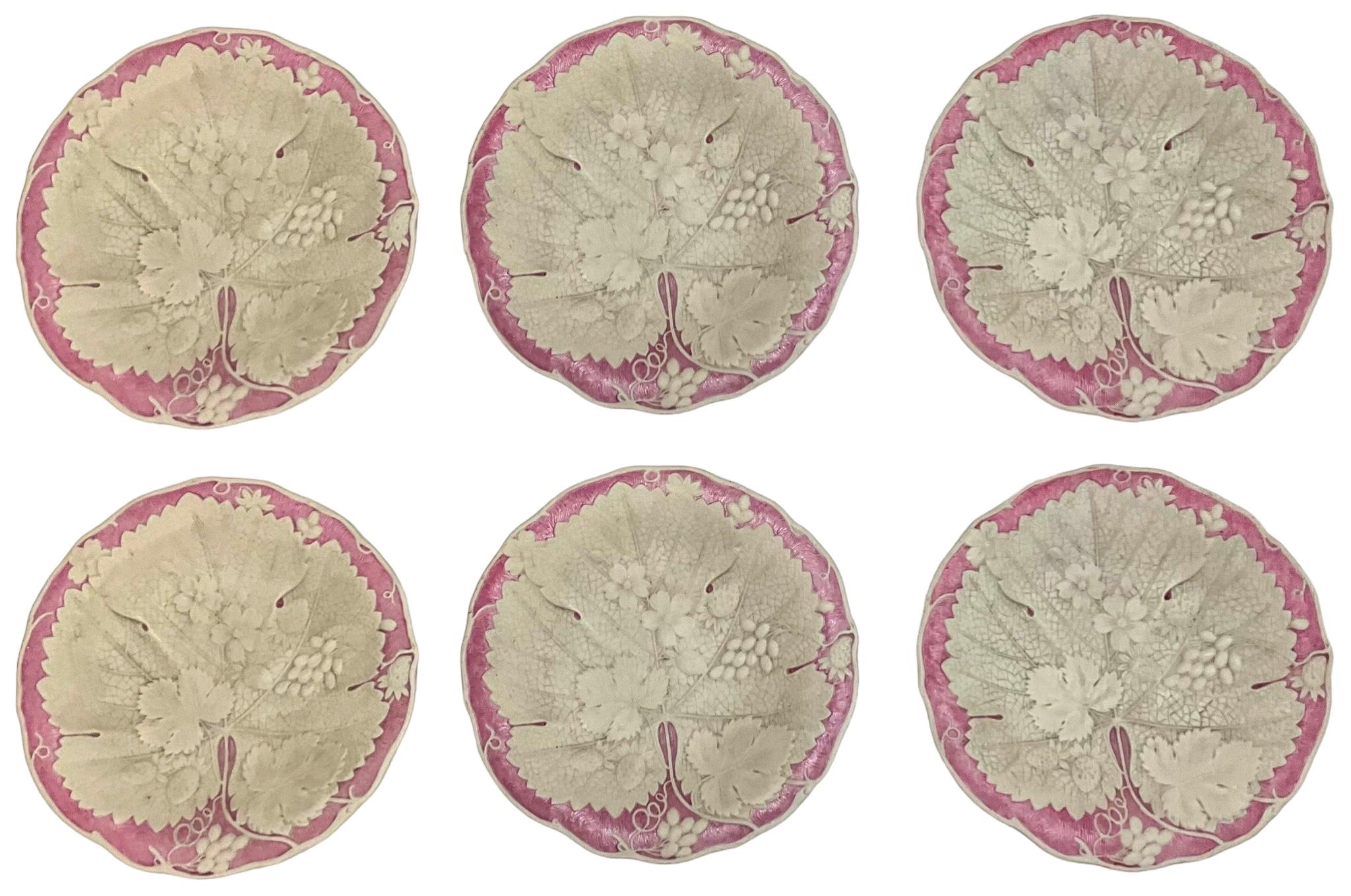 English Wedgwood Style Basalt Glaze Pink & White Botanical / Begonia Plates -S/6 In Good Condition In Kennesaw, GA