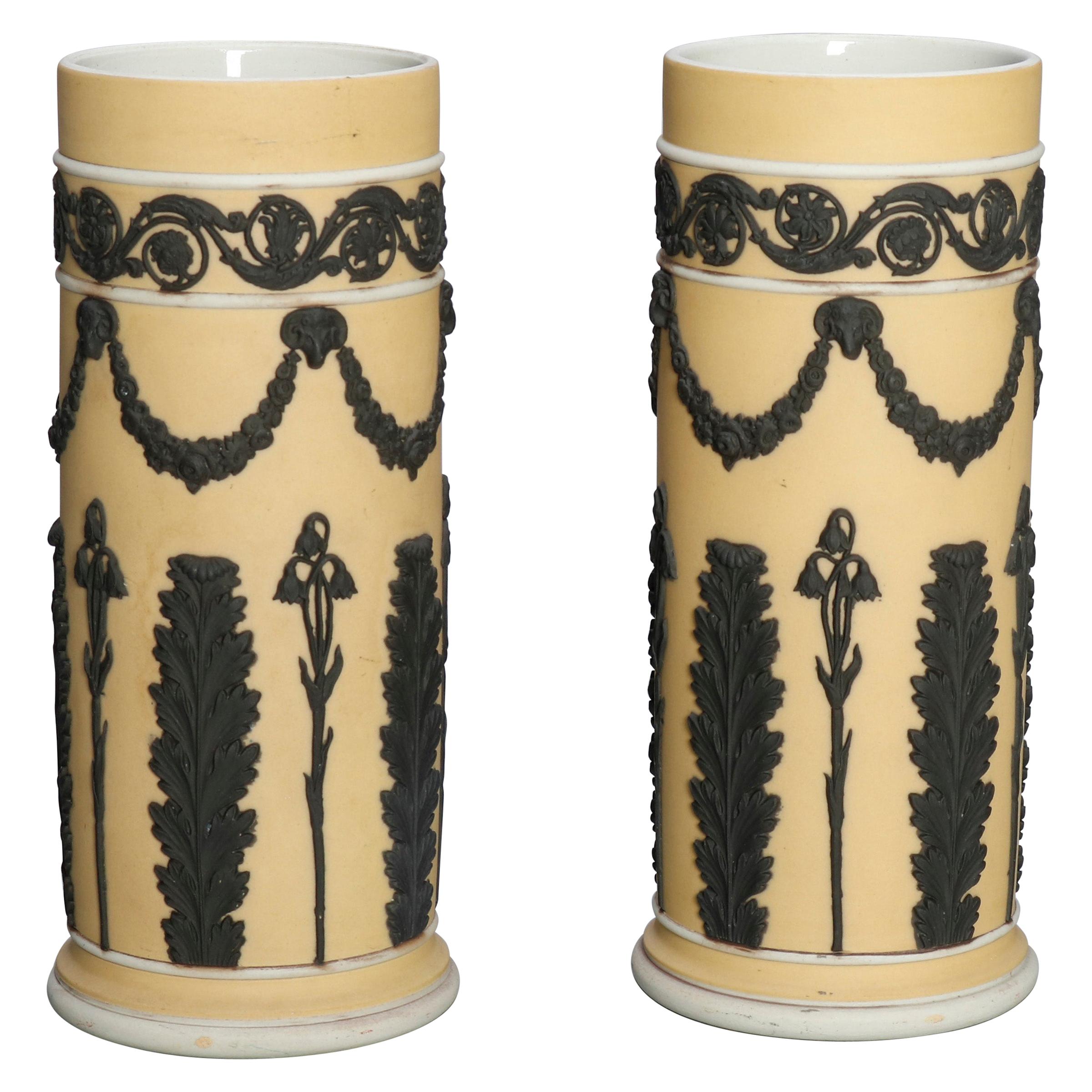 English Wedgwood Yellow Dip Bisque and Black Basalt Jasperware Spill Vases