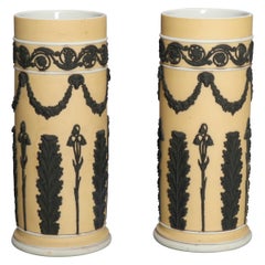 Antique English Wedgwood Yellow Dip Bisque and Black Basalt Jasperware Spill Vases