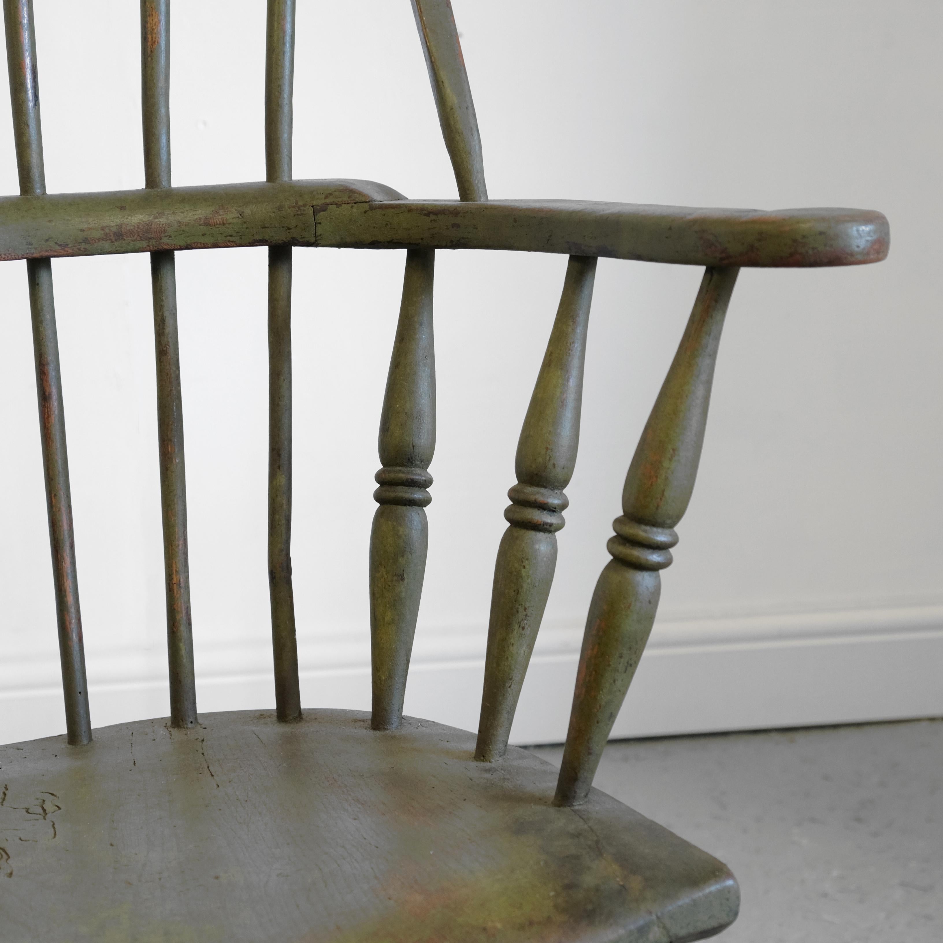 Hand-Crafted English West Country Windsor Armchair, Stick Chair, Green Painted, 19th Century For Sale