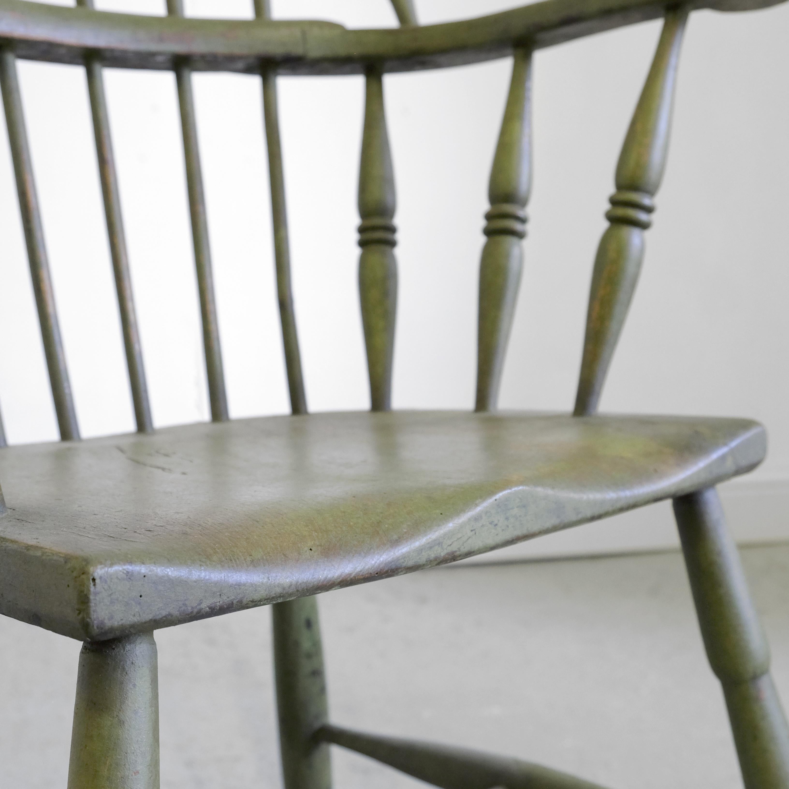 Ash English West Country Windsor Armchair, Stick Chair, Green Painted, 19th Century For Sale