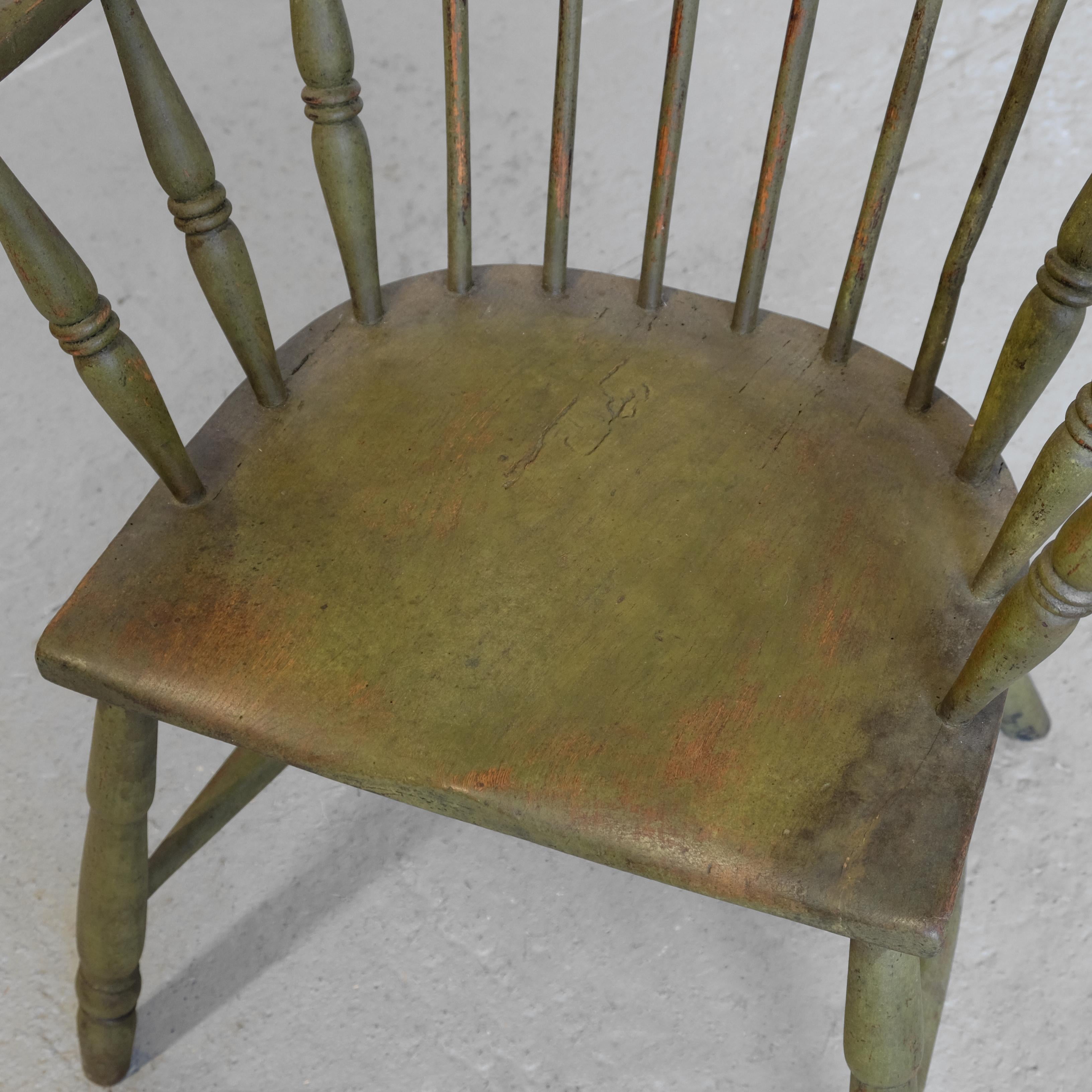 English West Country Windsor Armchair, Stick Chair, Green Painted, 19th Century For Sale 2