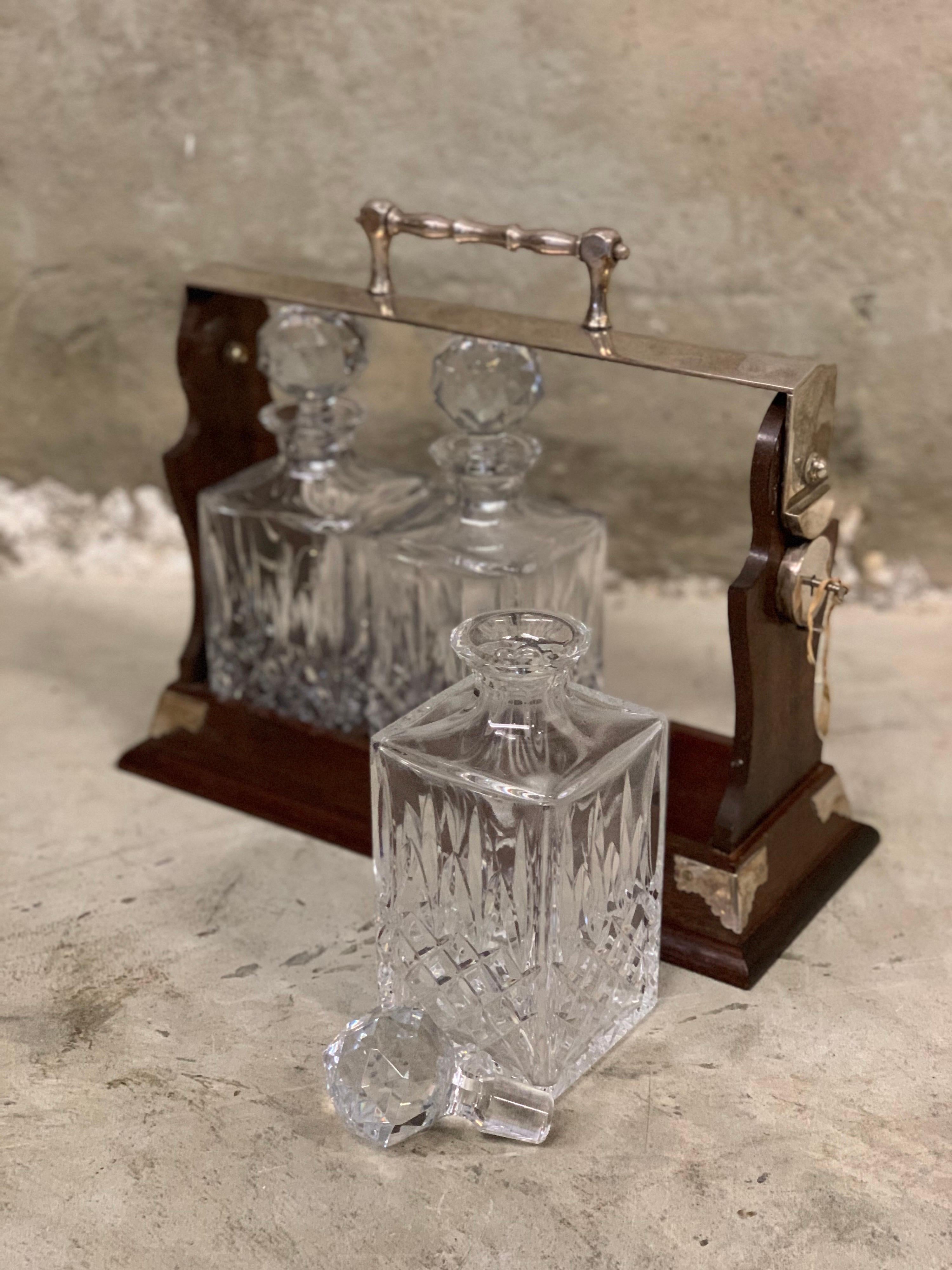 Mid-20th Century English Whiskey Tantalus, Mahogany, 3 Crystal Decanters