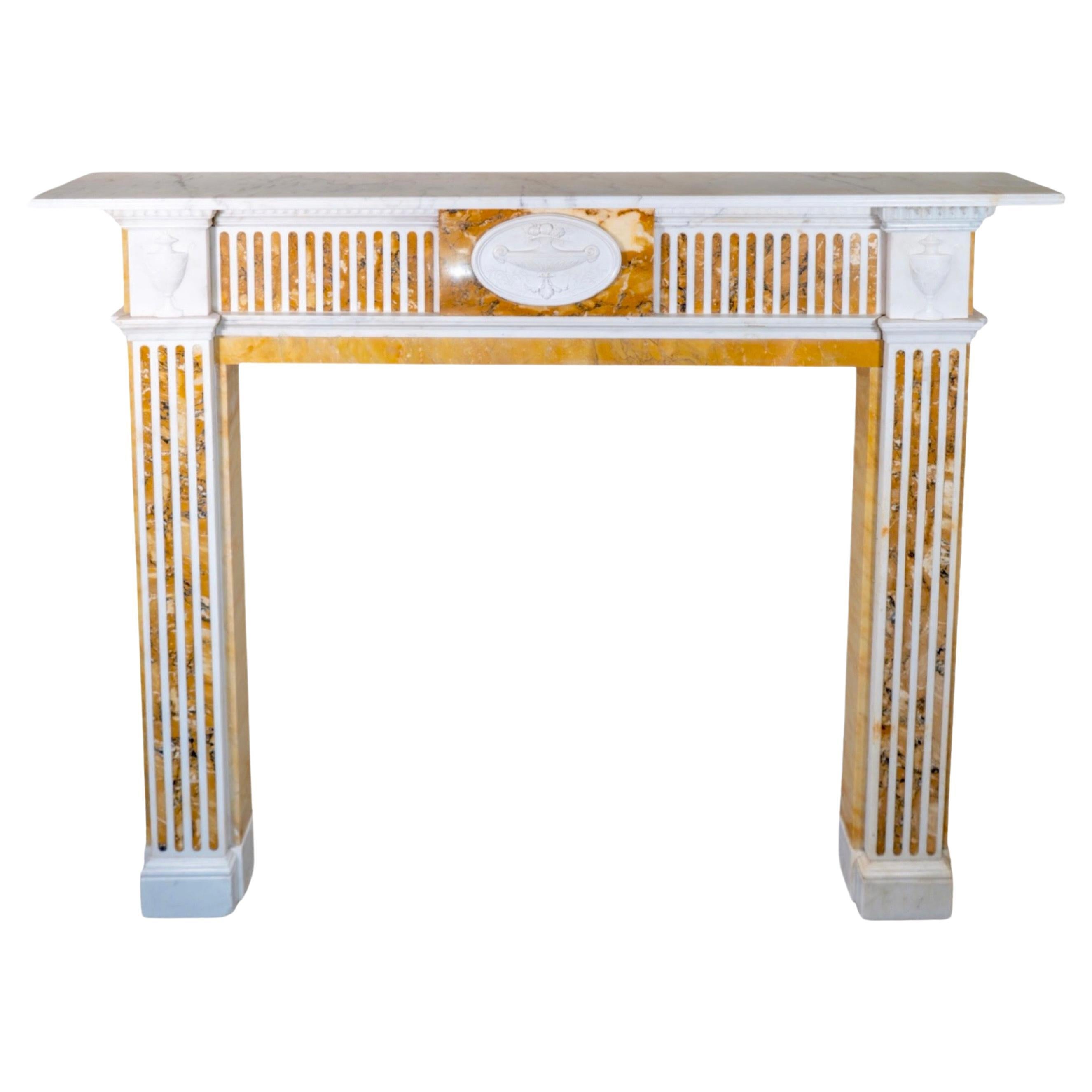 English White Veined Carrara and Sienna Brocatelle Marble Mantel For Sale