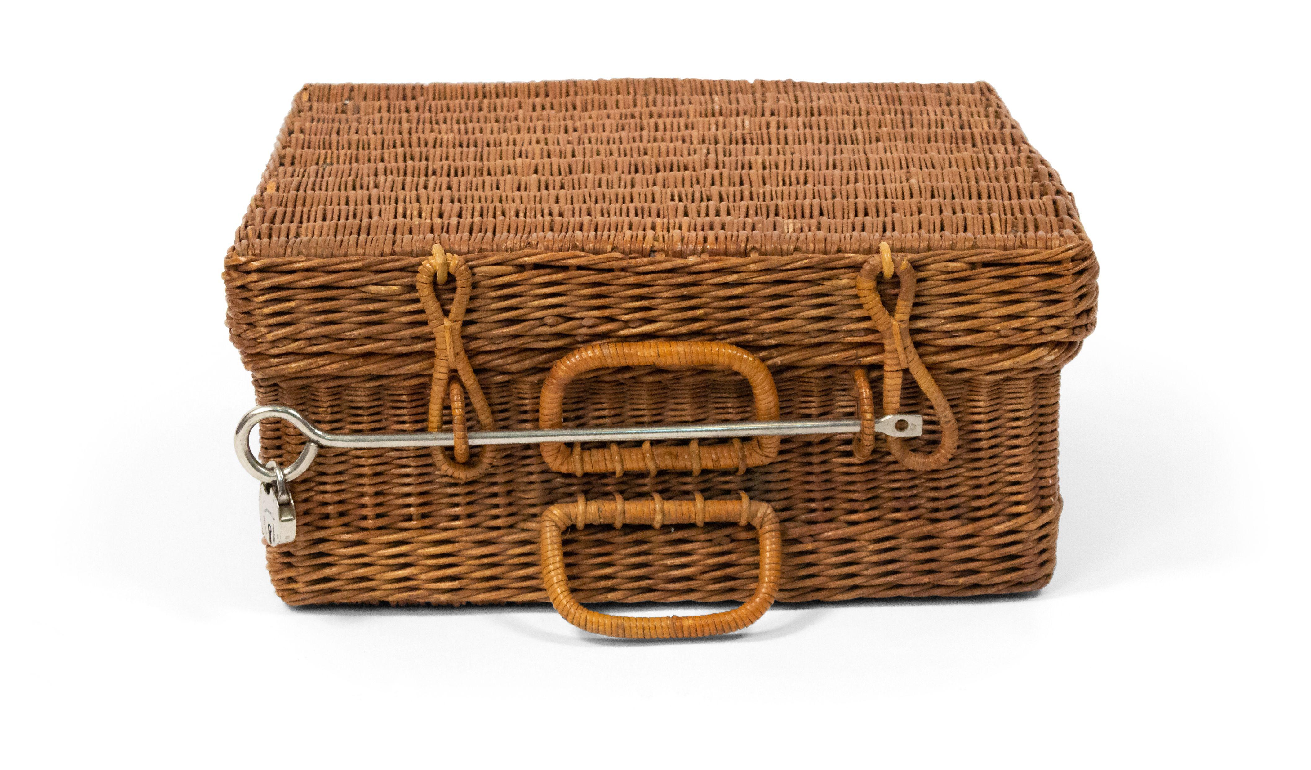 English Wicker (1930s) natural wicker picnic basket with fitted interior. (bottles, cups, plates, etc.).
  