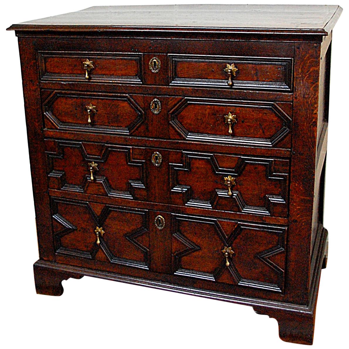 English William and Mary Period Oak Paneled Chest of Four Drawers