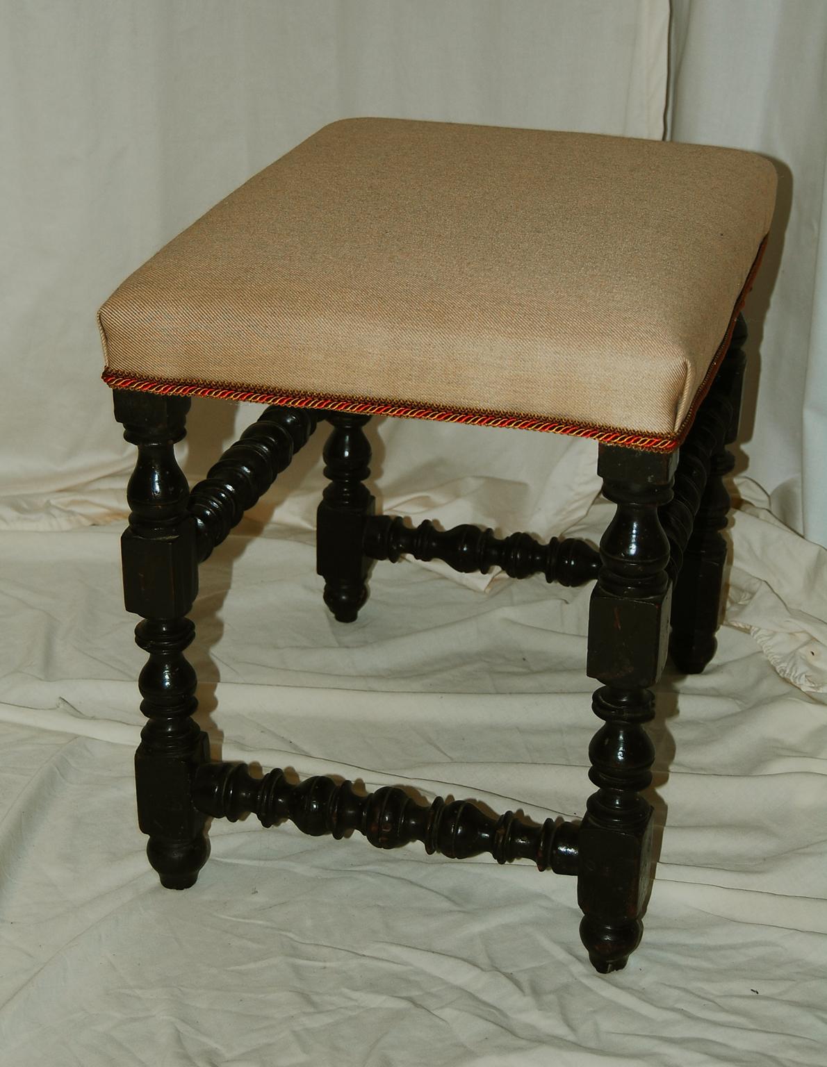 Late 17th Century English William and Mary Period Upholstered Stool Turned Legs and Stretchers For Sale