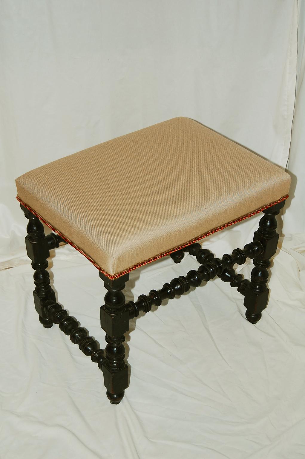 Fabric English William and Mary Period Upholstered Stool Turned Legs and Stretchers For Sale