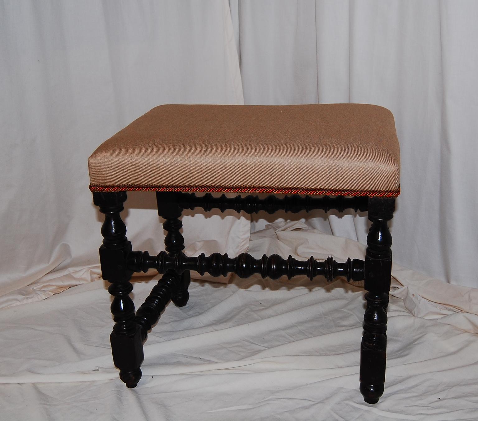 English William and Mary Period Upholstered Stool Turned Legs and Stretchers For Sale 1