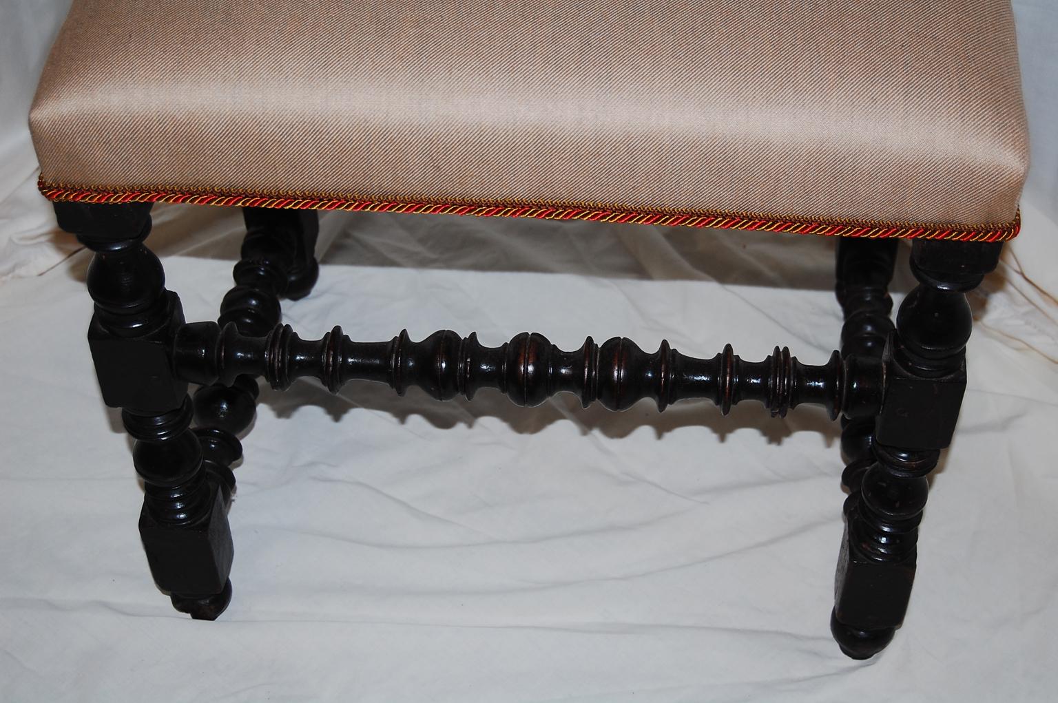 English William and Mary Period Upholstered Stool Turned Legs and Stretchers For Sale 2