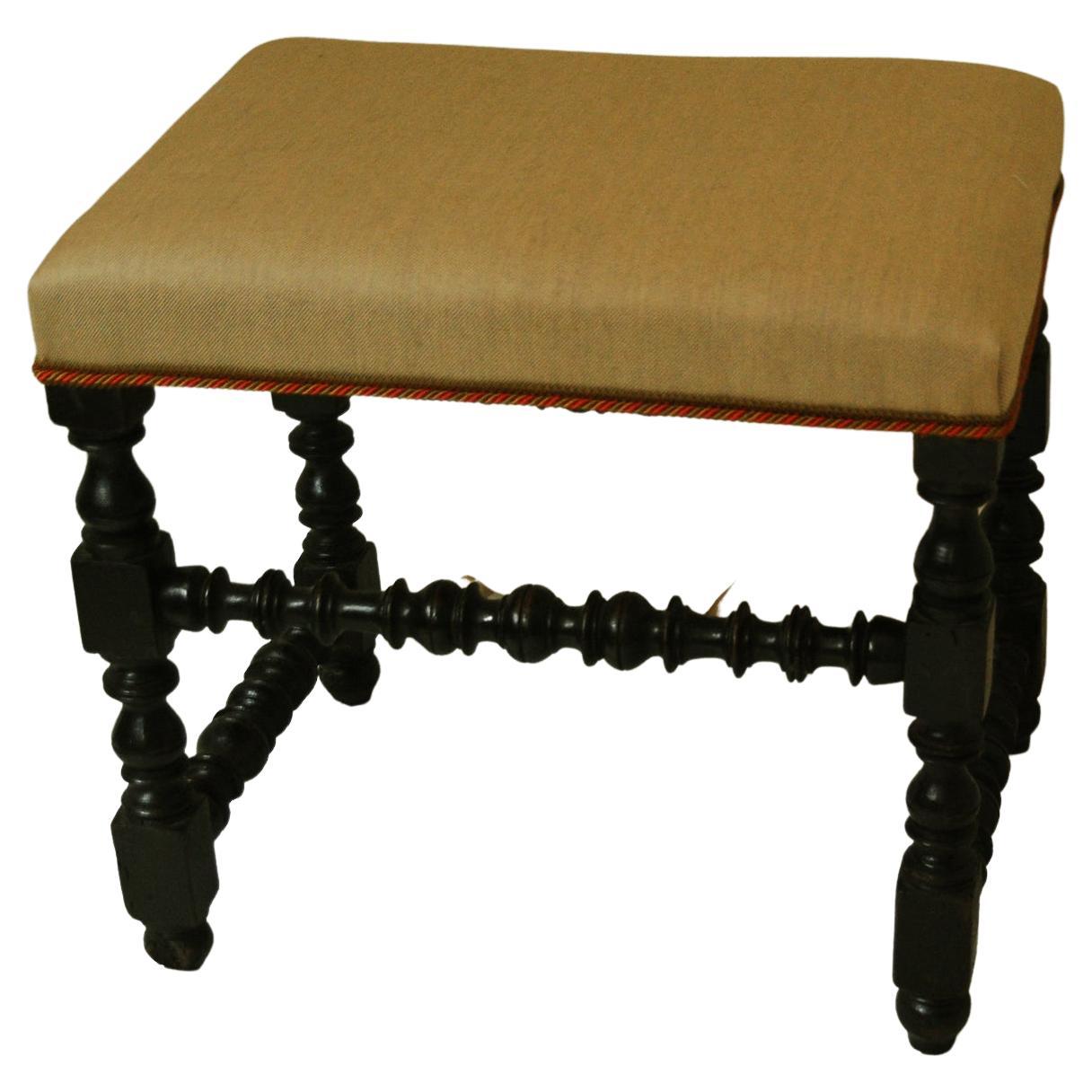 English William and Mary Period Upholstered Stool Turned Legs and Stretchers For Sale