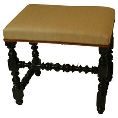 Antique English William and Mary Period Upholstered Stool Turned Legs and Stretchers