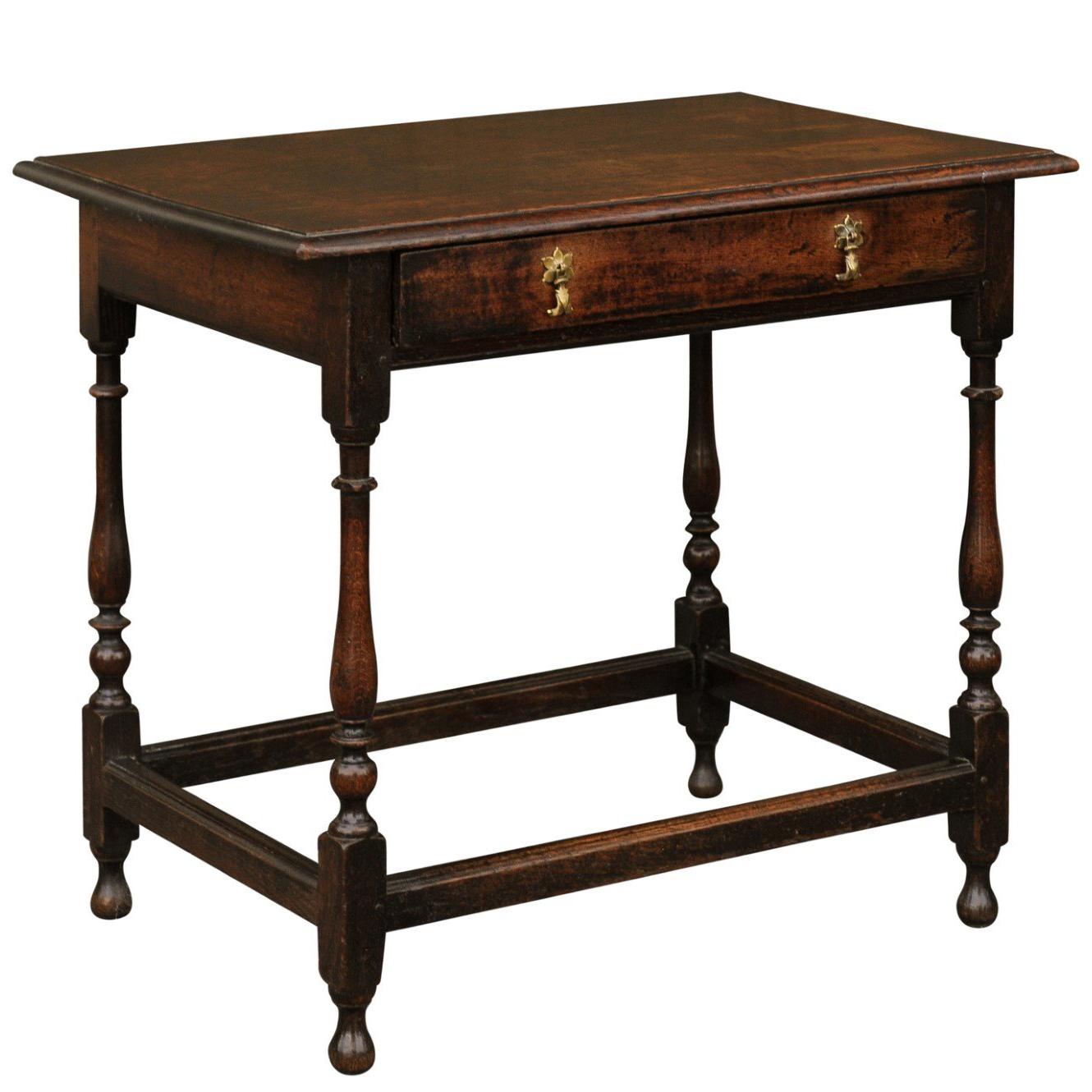 English William and Mary Style 1900s Oak Side Table with Drawer and Turned Legs