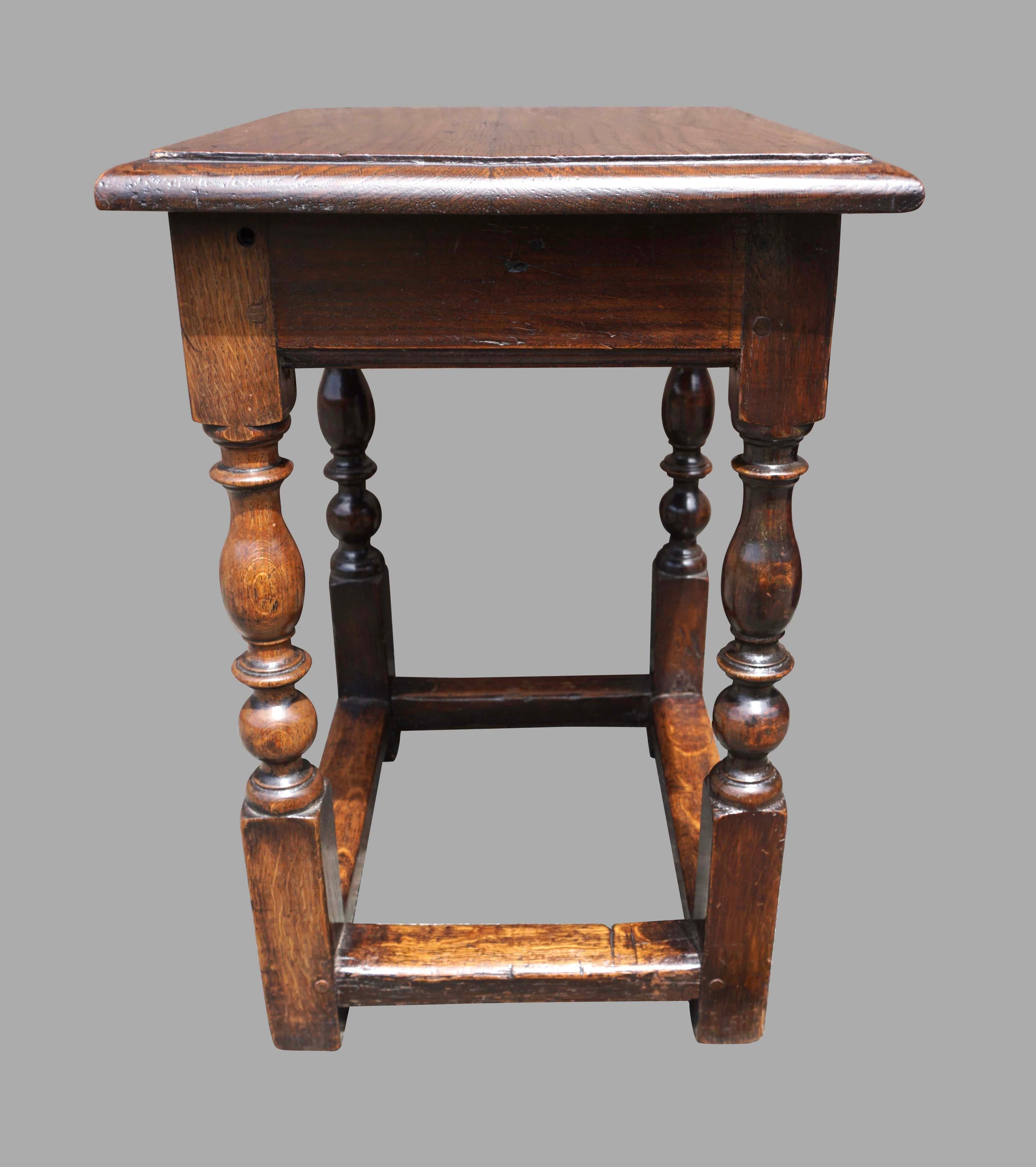 An English joint stool of typical form, the top with a molded edge above turned legs, connected by a box stretcher ending in square block feet. A charming country English stool which is useable as an occasional table as well. Old repairs, top