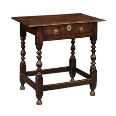 English William and Mary Style Oak Side Table with Single Drawer and Turned Legs