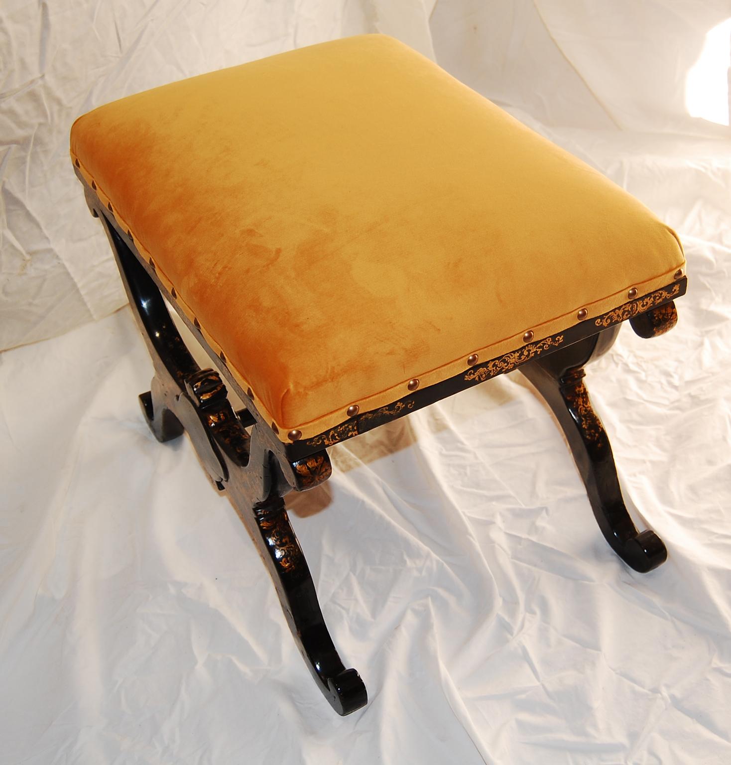 19th Century English William IV Black Lacquered X Frame Stool with Original Gold Decoration For Sale