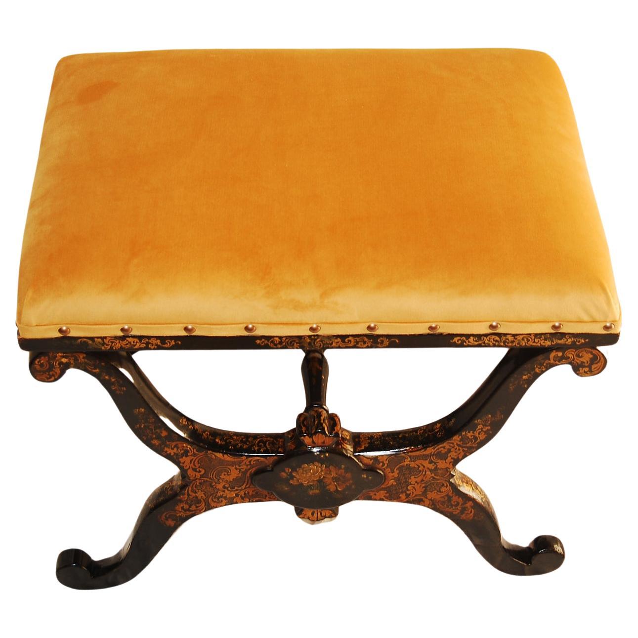 English William IV Black Lacquered X Frame Stool with Original Gold Decoration For Sale