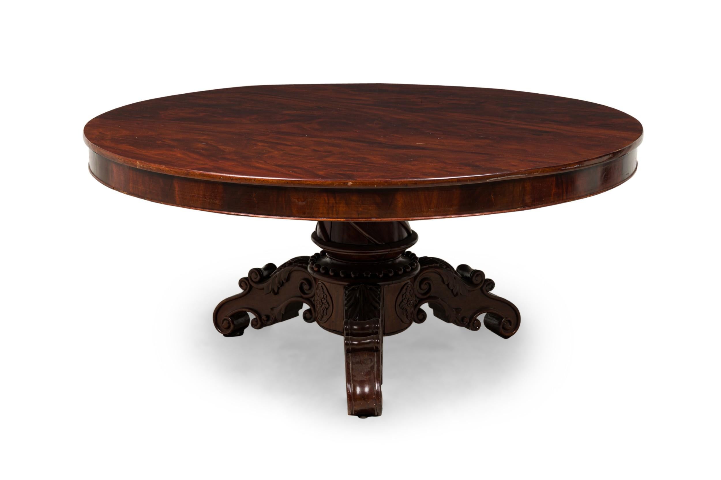 Hand-Carved English William IV Circular Mahogany Veneer Center / Dining Table For Sale