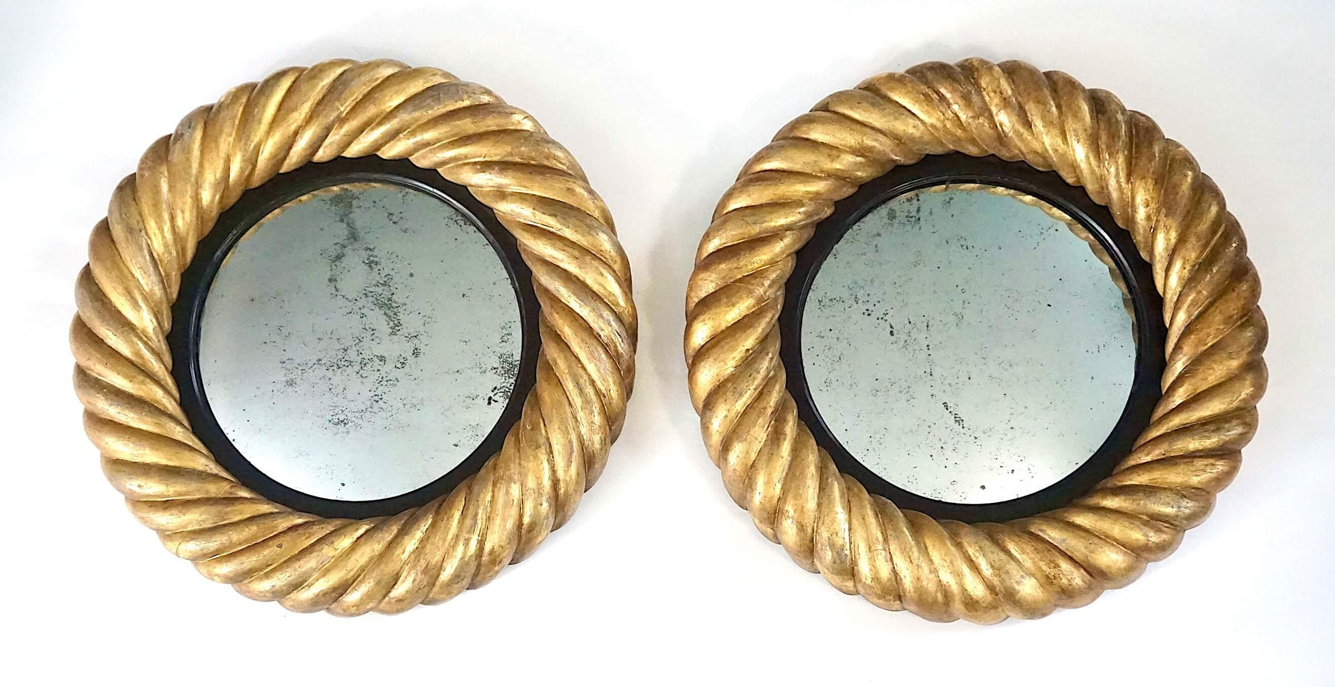 19th Century English William IV Giltwood Convex Mirrors of Unusual Form, Pair, circa 1830 For Sale