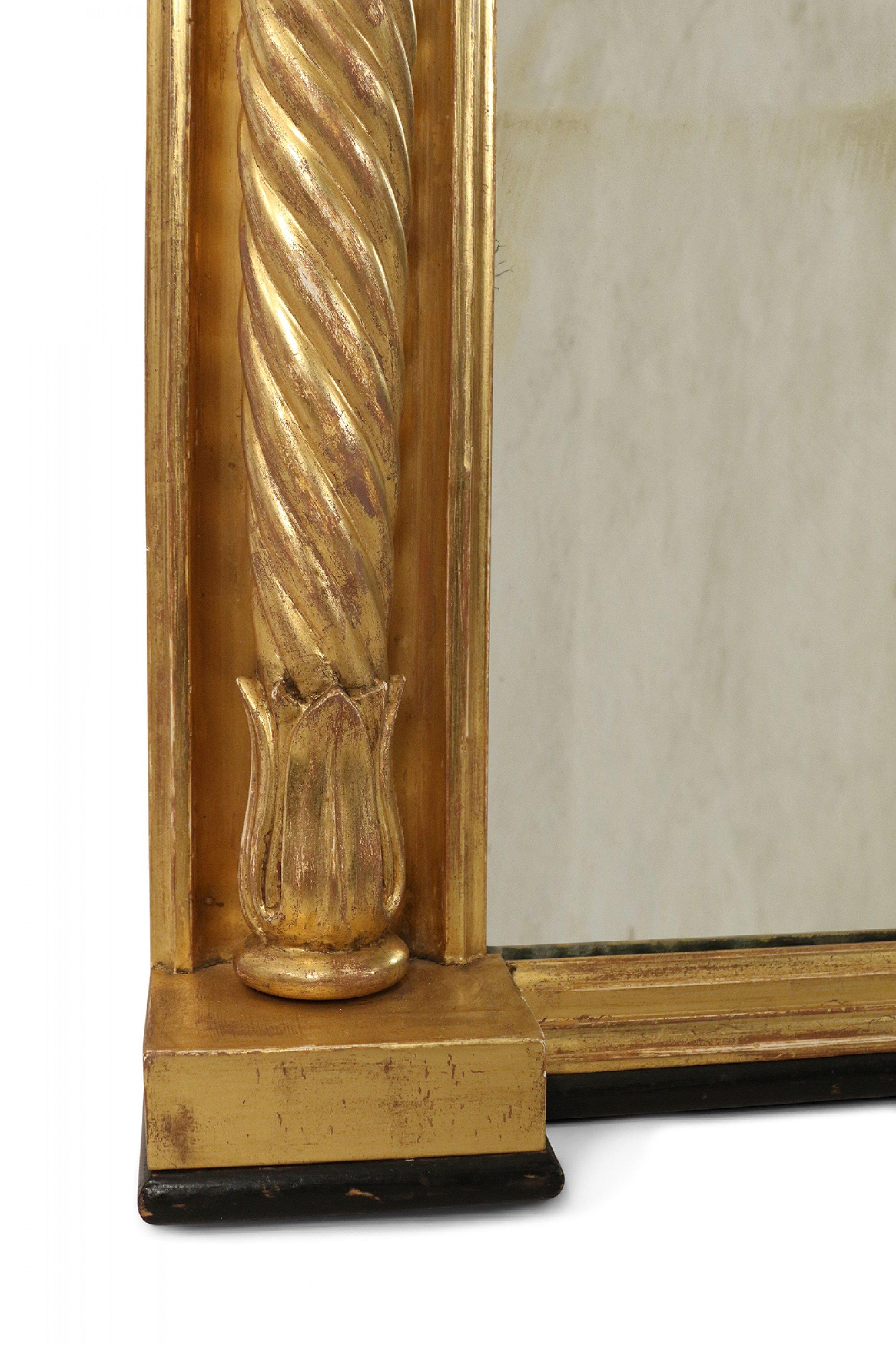 English William IV large carved giltwood horizontal (over-mantel (fireplace)) wall mirror with swirl carved column border.
