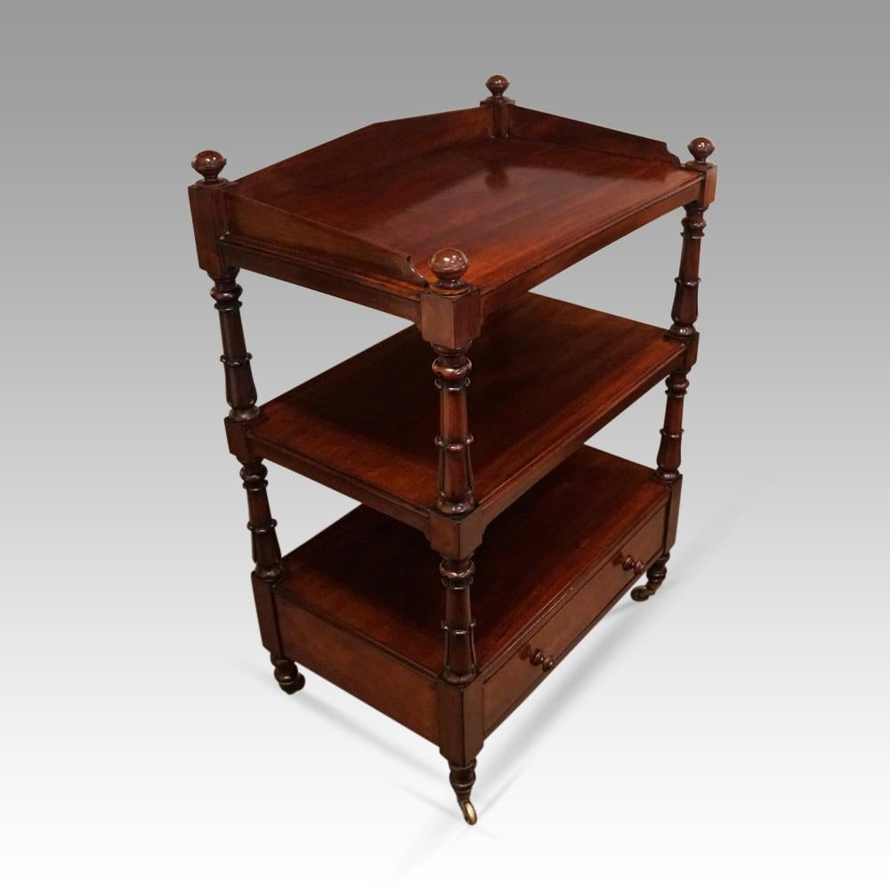 William IV mahogany dumb waiter 
This William IV mahogany dumb waiter was made circa 1830-1840.
Made of solid mahogany it is a rare small size and so can fit in so many places around your home. 
Having 3 surfaces and fitted one long drawer that has
