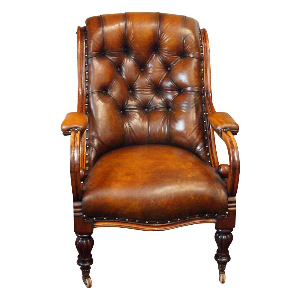 English William IV Mahogany Buttoned Leather Reading Chair, 19th Century