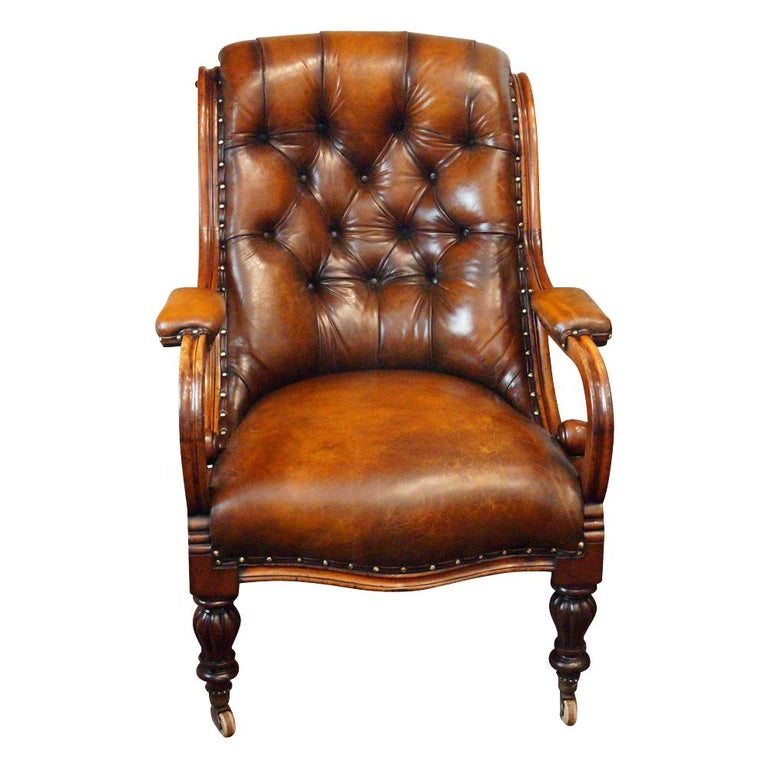 English William IV Mahogany Buttoned Leather Reading Chair, 19th