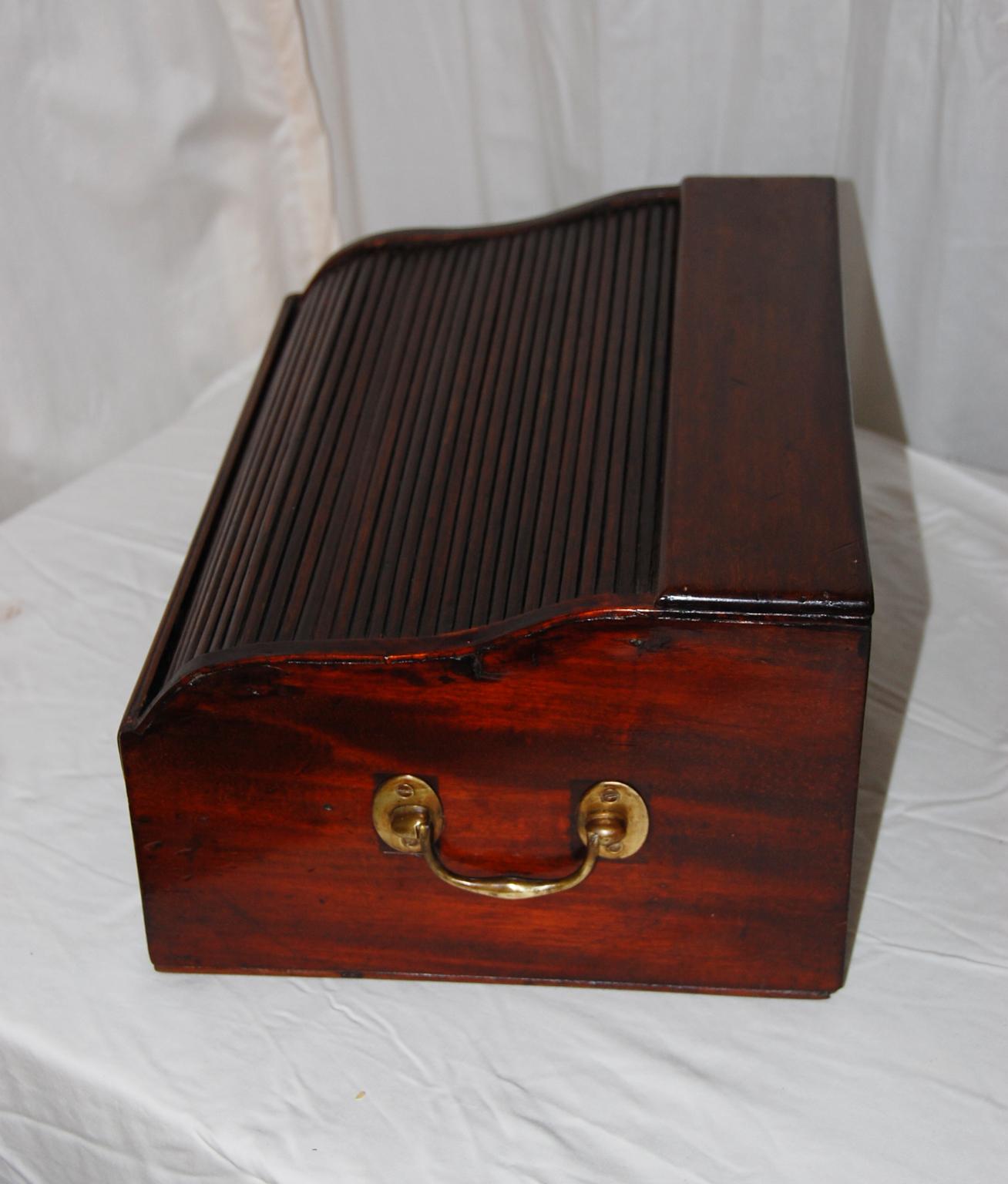 19th Century English William IV Mahogany Tambour Writing Box with Drawer Serpentine Shaped For Sale