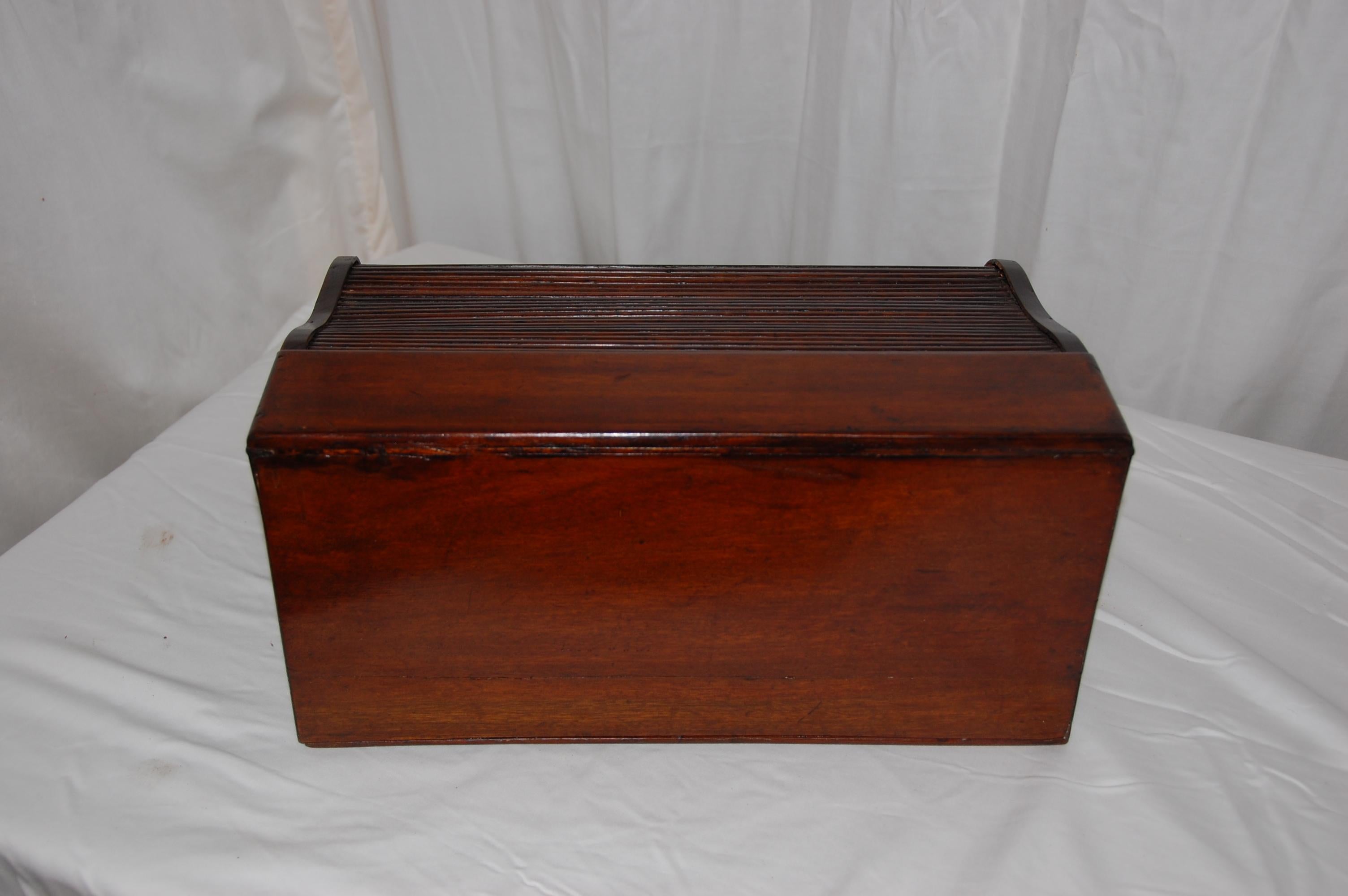 Brass English William IV Mahogany Tambour Writing Box with Drawer Serpentine Shaped For Sale