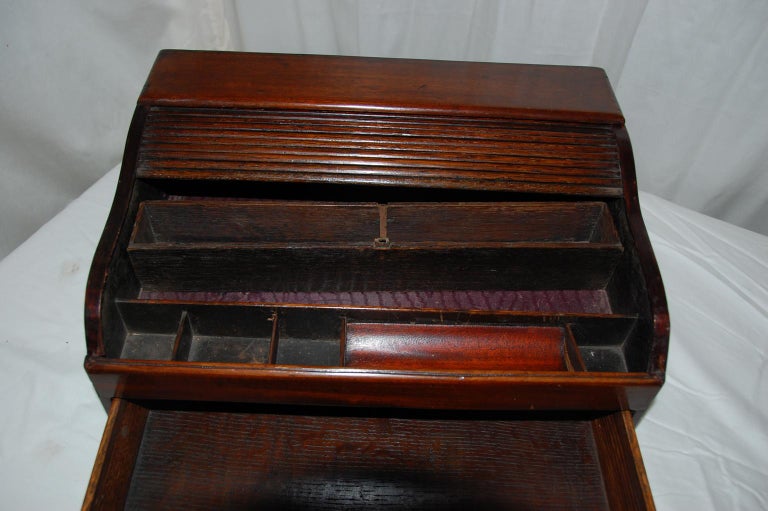 English William IV Mahogany Tambour Writing Box with Drawer Serpentine Shaped For Sale at 1stDibs