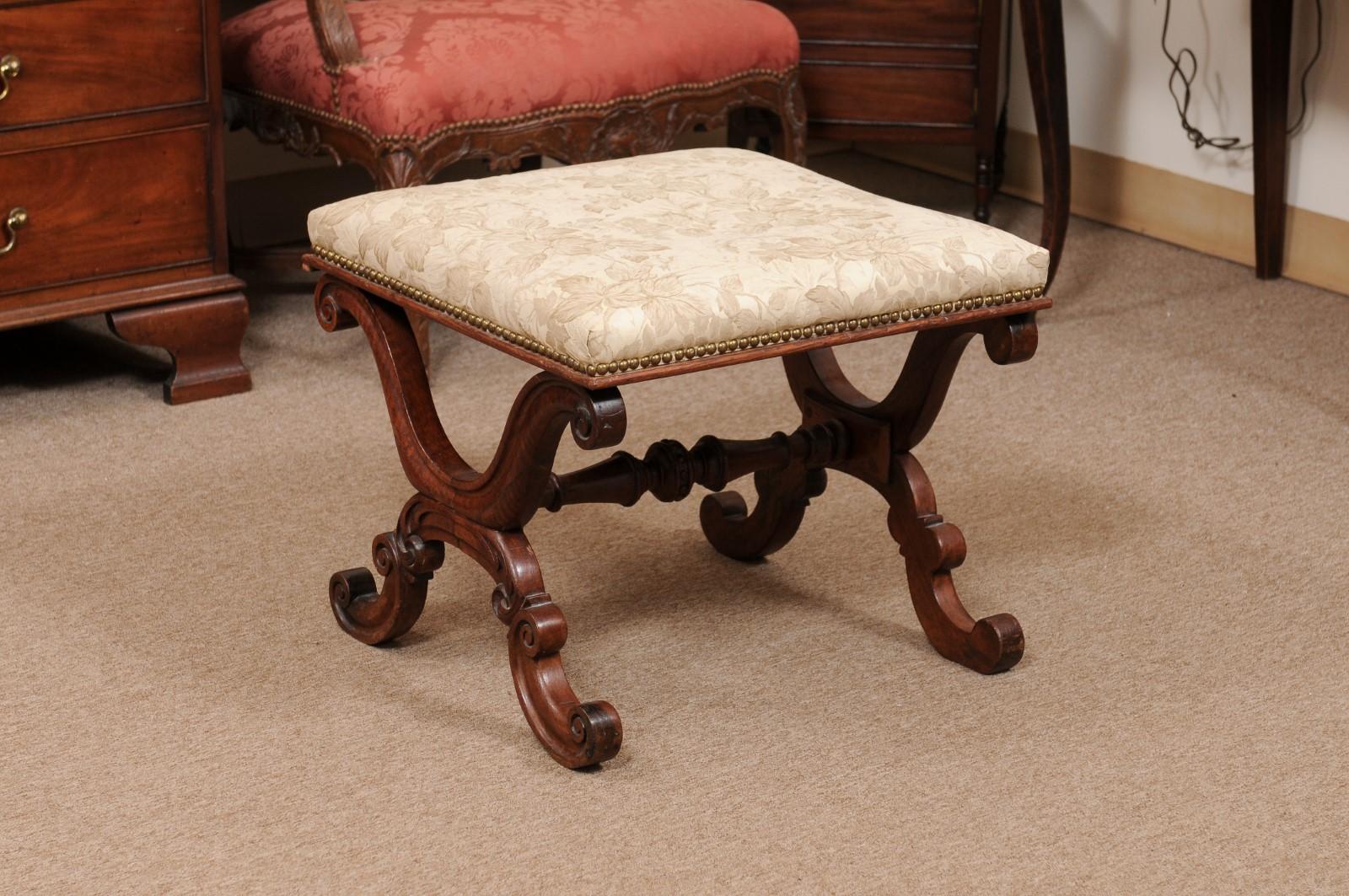 19th Century English William IV Mahogany X Form Bench with Upholstered Seat, ca. 1830