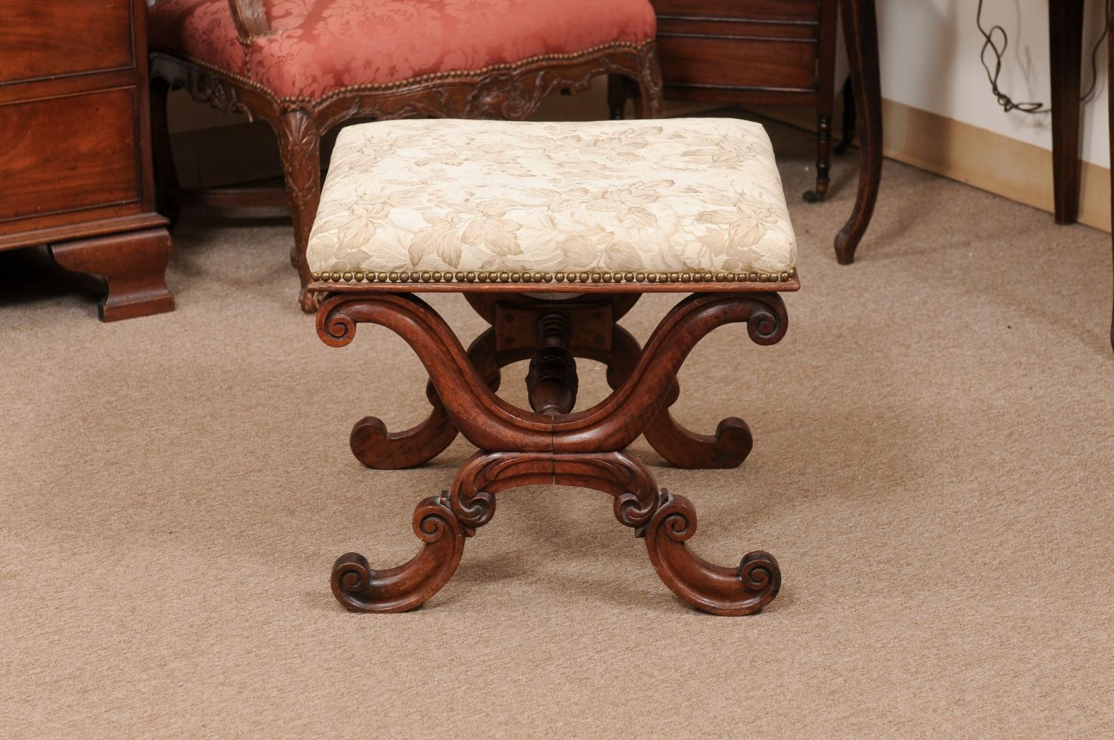 English William IV Mahogany X Form Bench with Upholstered Seat, ca. 1830 1
