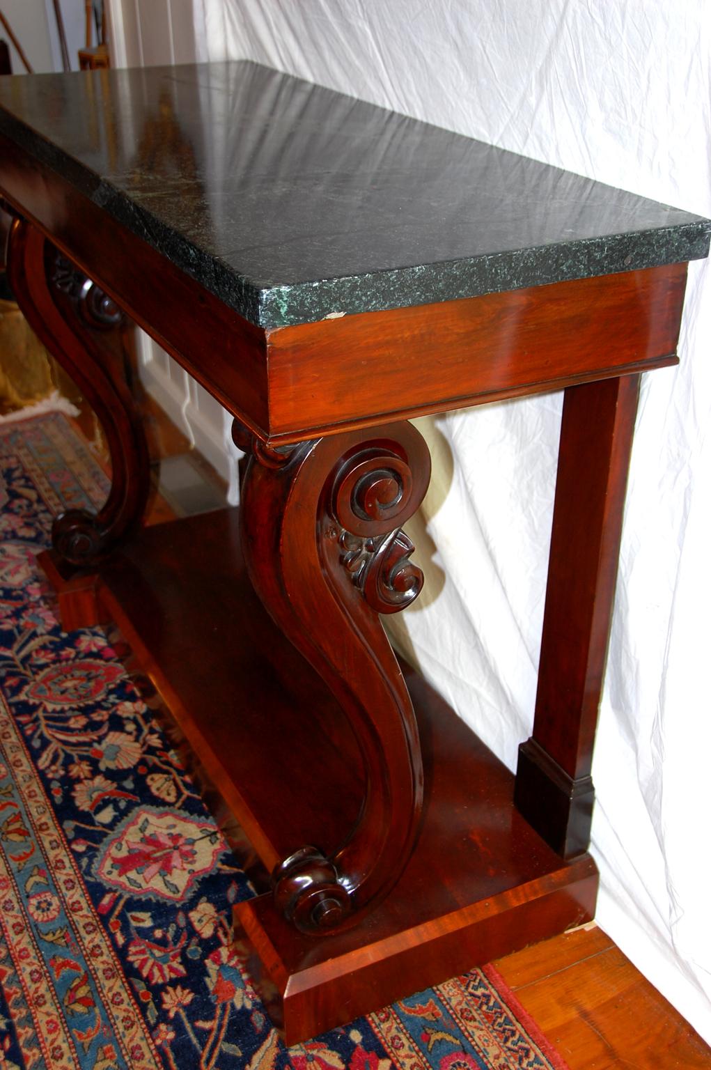 Mid-19th Century English William IV Period Console Table, Carved Monopodia, Green Marble Top For Sale
